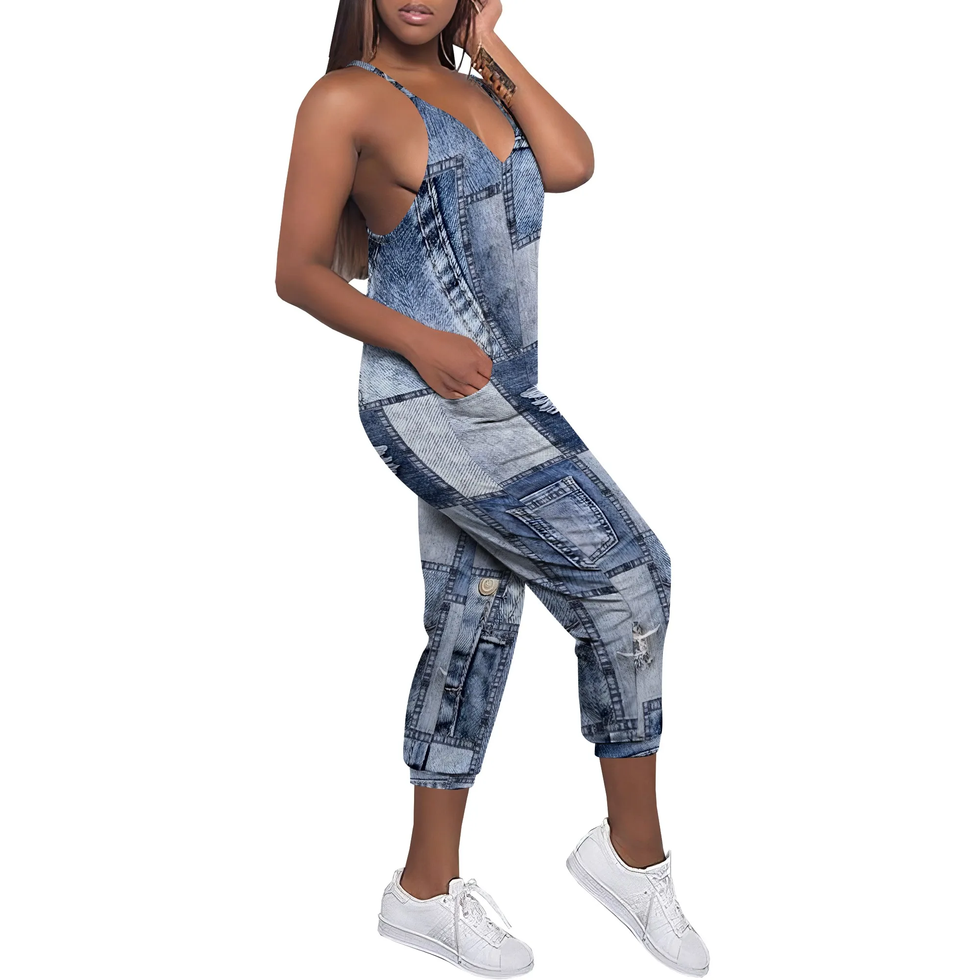 Sleeveless Shoulder Strap V Neck Top Wide Leg Pants Trousers Jumpsuit with Pockets Sleeveless Shoulder Strap V Neck Top Wide Leg Pants Trousers Jumpsuit with Pockets