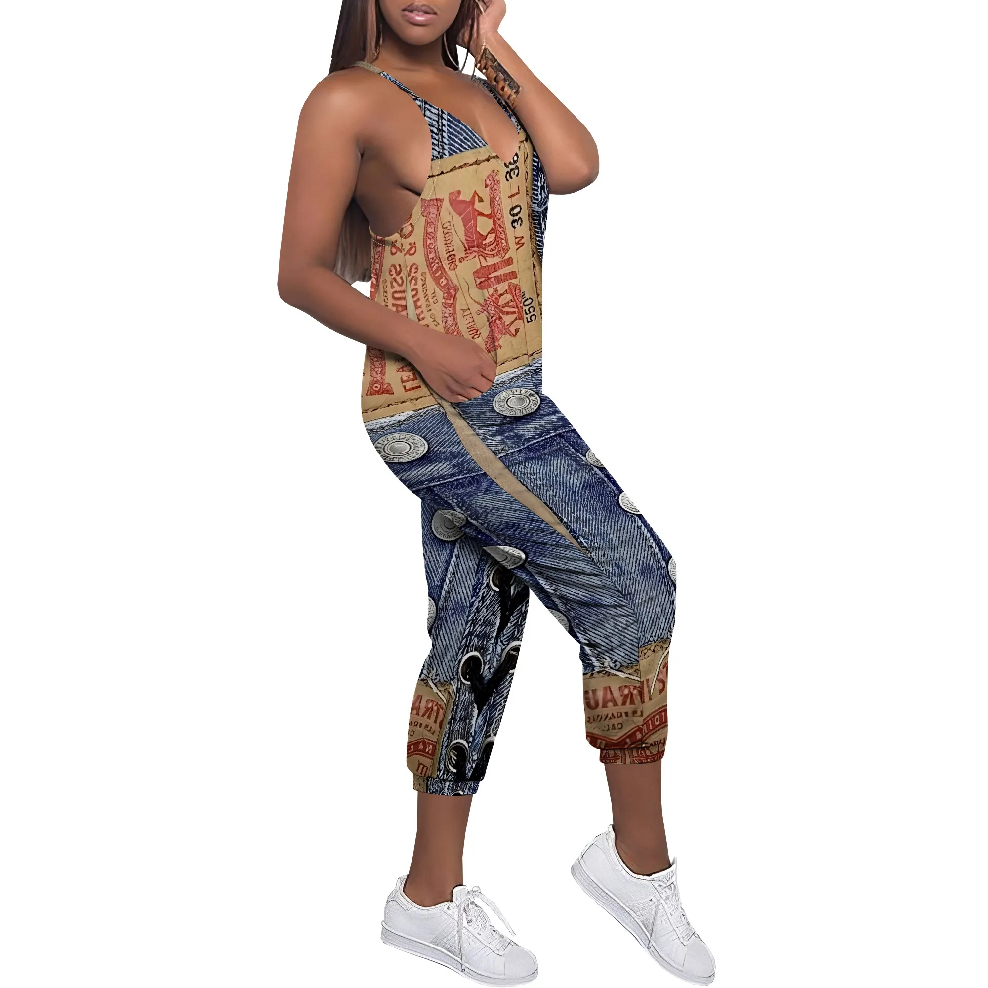 Sleeveless Shoulder Strap V Neck Top Wide Leg Pants Trousers Jumpsuit with Pockets Sleeveless Shoulder Strap V Neck Top Wide Leg Pants Trousers Jumpsuit with Pockets