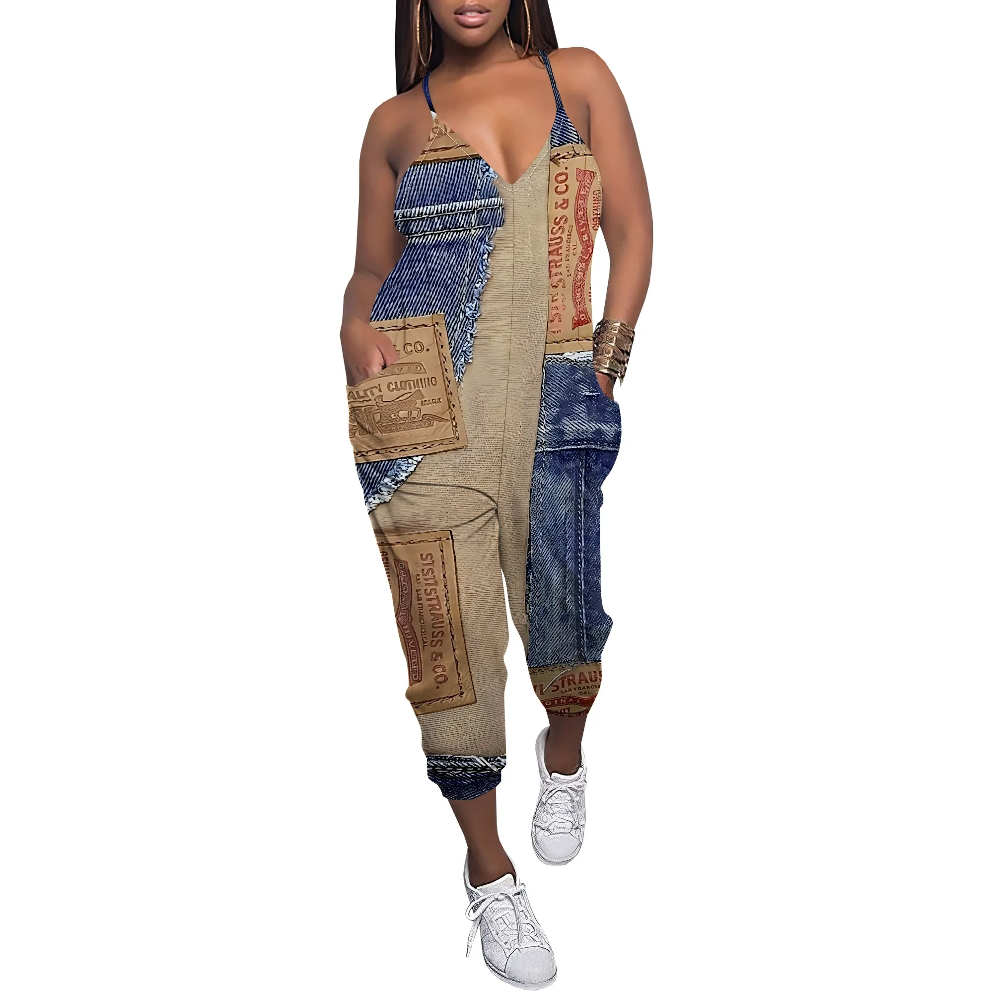 Sleeveless Shoulder Strap V Neck Top Wide Leg Pants Trousers Jumpsuit with Pockets Sleeveless Shoulder Strap V Neck Top Wide Leg Pants Trousers Jumpsuit with Pockets