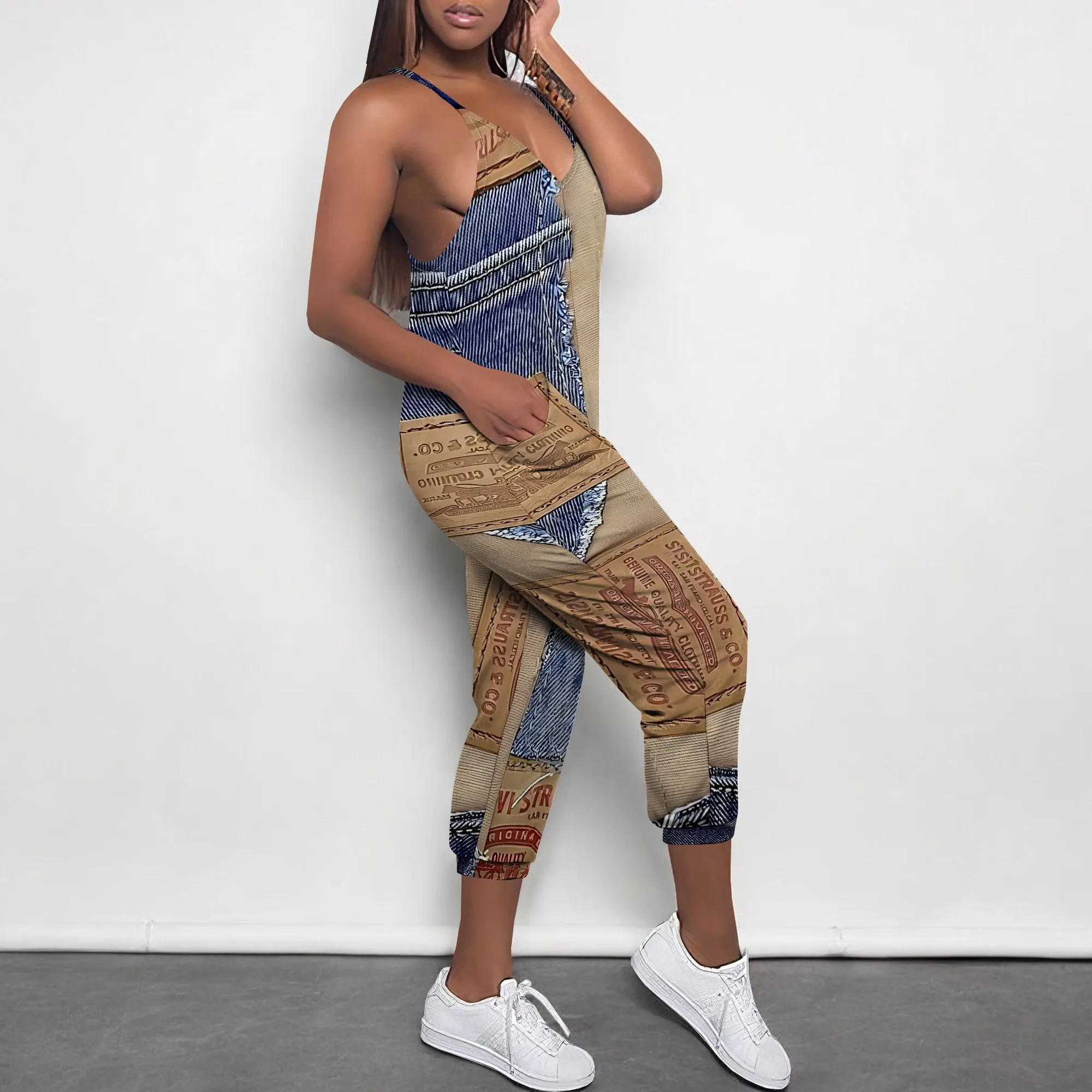 Sleeveless Shoulder Strap V Neck Top Wide Leg Pants Trousers Jumpsuit with Pockets Sleeveless Shoulder Strap V Neck Top Wide Leg Pants Trousers Jumpsuit with Pockets