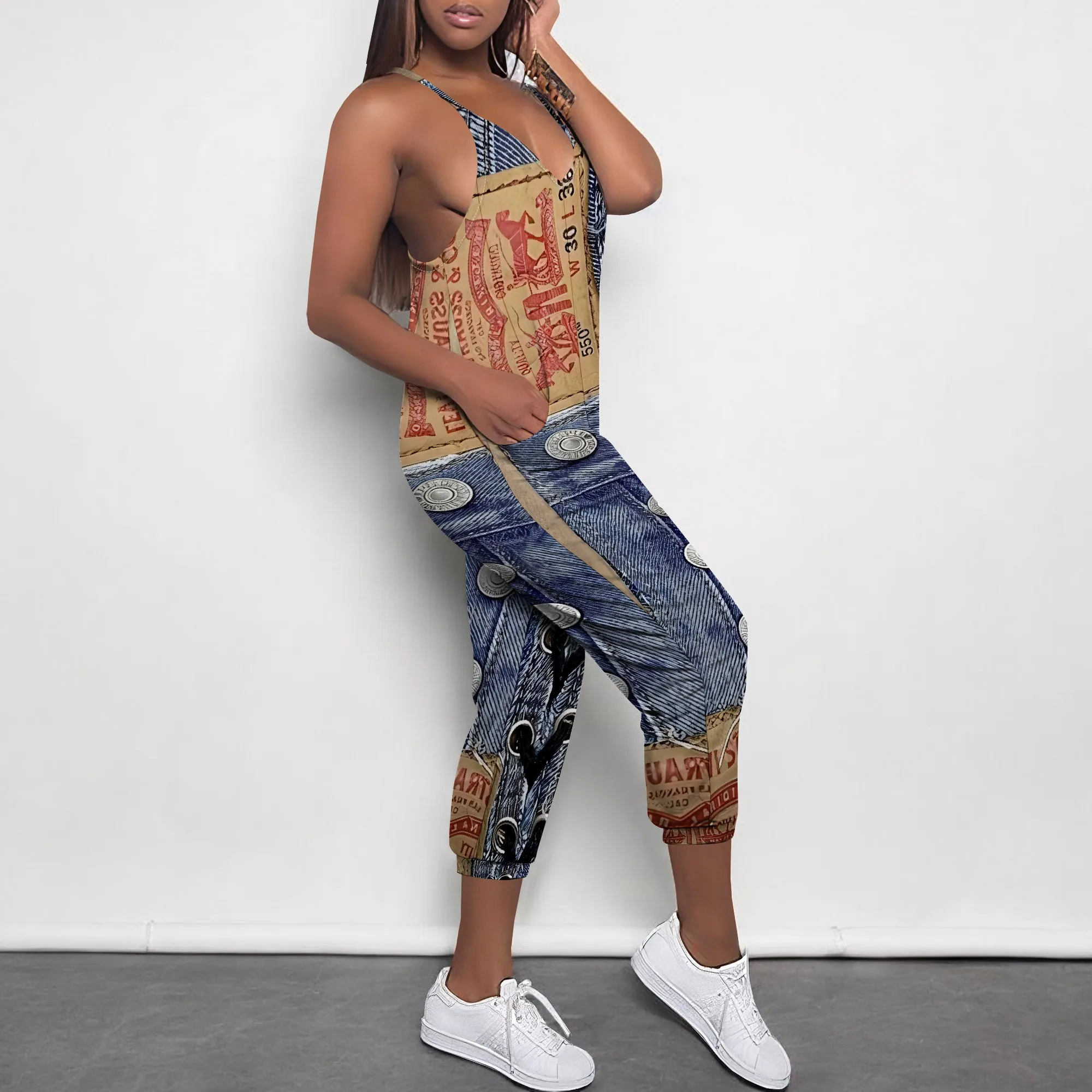 Sleeveless Shoulder Strap V Neck Top Wide Leg Pants Trousers Jumpsuit with Pockets Sleeveless Shoulder Strap V Neck Top Wide Leg Pants Trousers Jumpsuit with Pockets