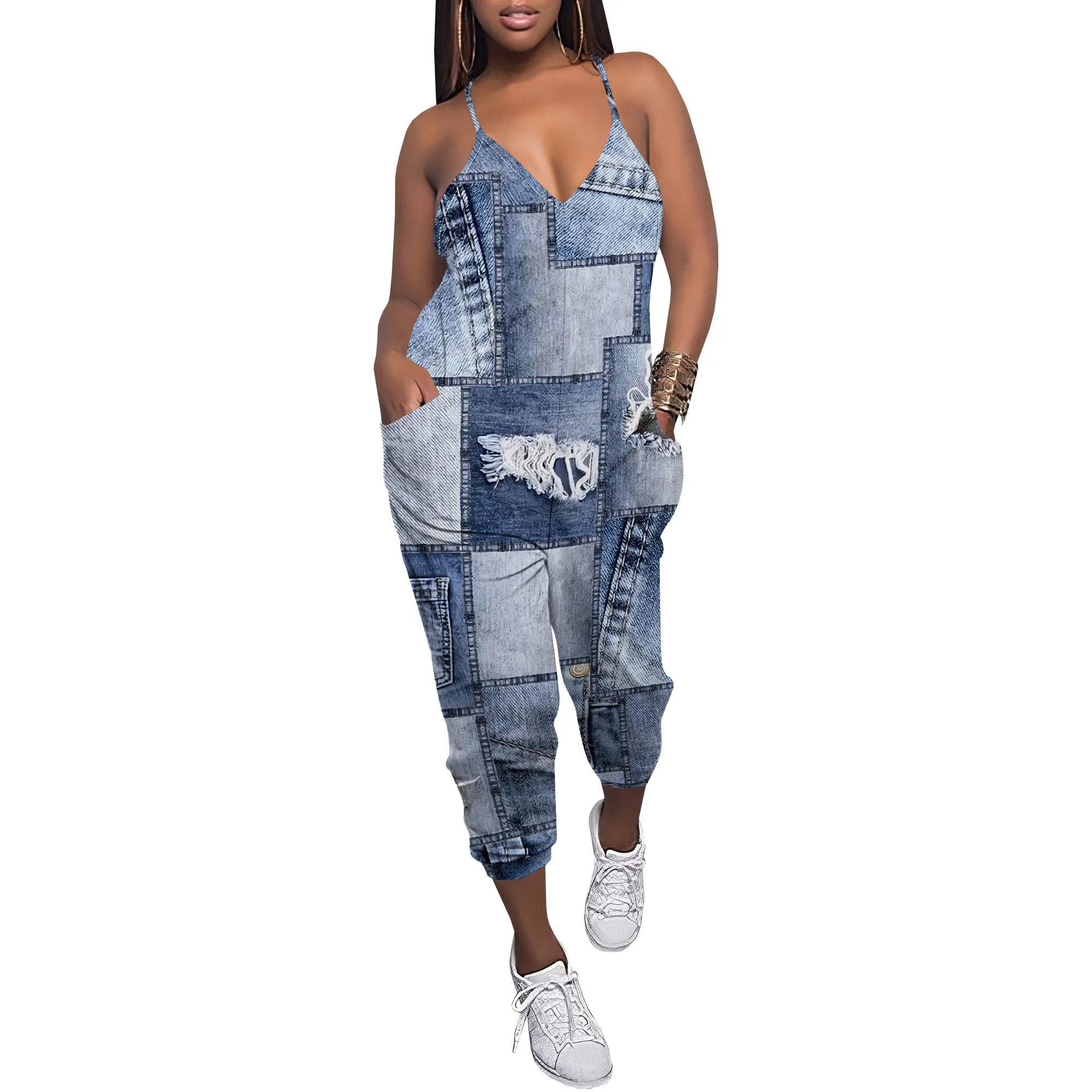 Sleeveless Shoulder Strap V Neck Top Wide Leg Pants Trousers Jumpsuit with Pockets Sleeveless Shoulder Strap V Neck Top Wide Leg Pants Trousers Jumpsuit with Pockets