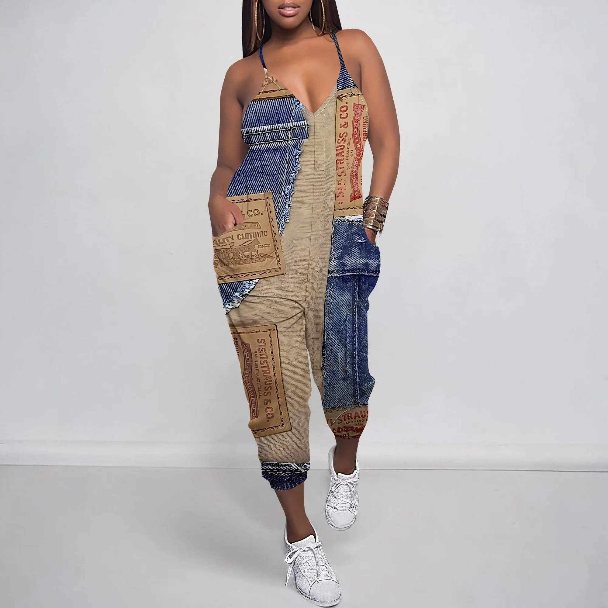 Sleeveless Shoulder Strap V Neck Top Wide Leg Pants Trousers Jumpsuit with Pockets Sleeveless Shoulder Strap V Neck Top Wide Leg Pants Trousers Jumpsuit with Pockets