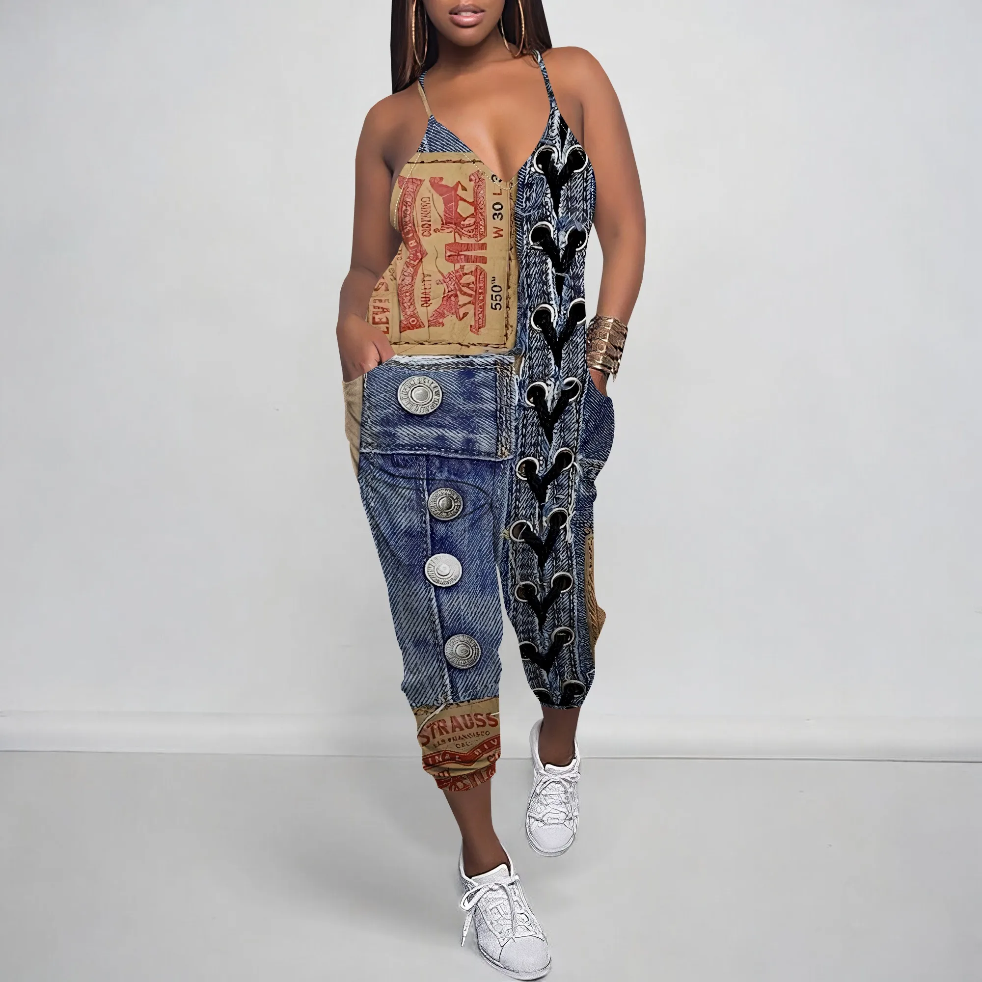 Sleeveless Shoulder Strap V Neck Top Wide Leg Pants Trousers Jumpsuit with Pockets Sleeveless Shoulder Strap V Neck Top Wide Leg Pants Trousers Jumpsuit with Pockets