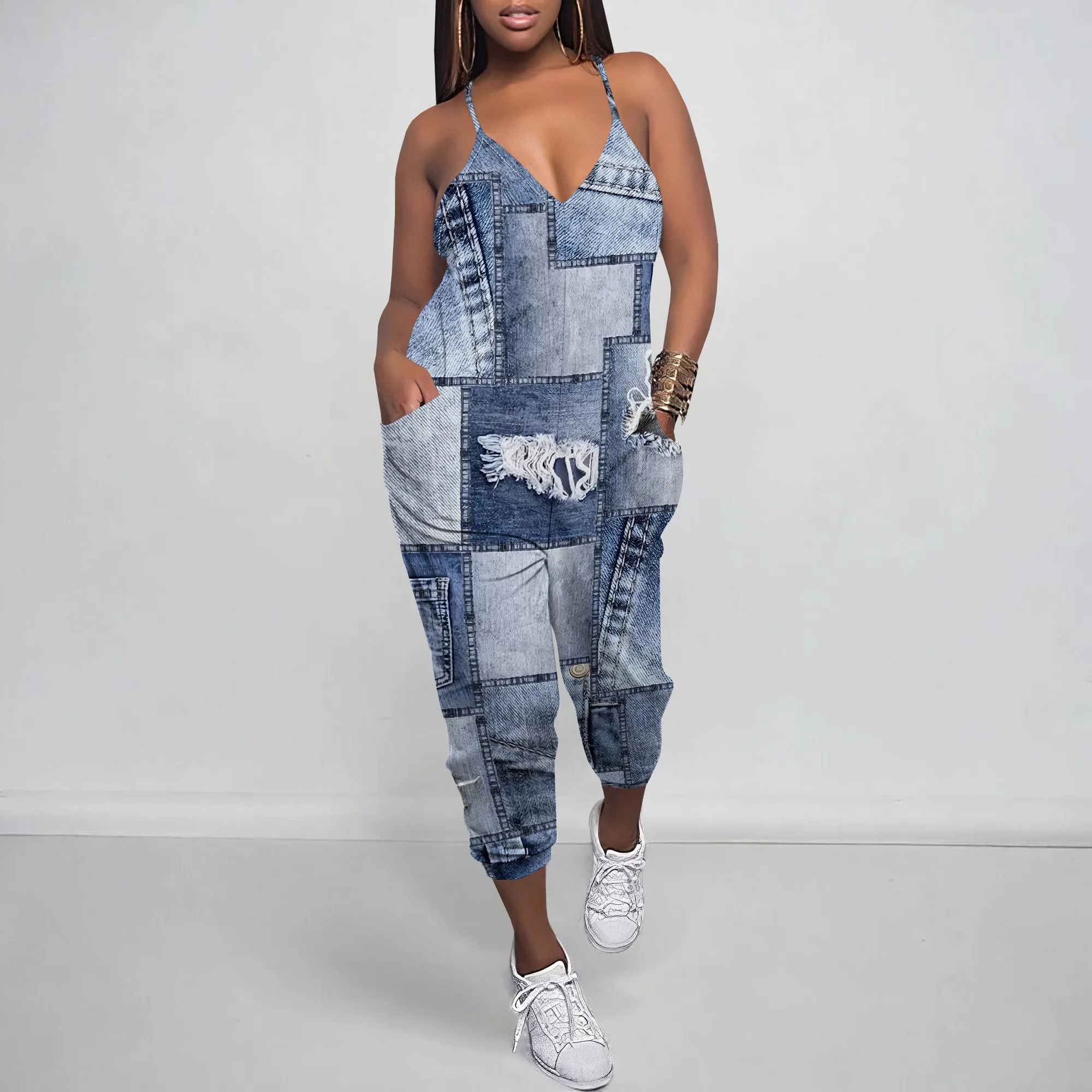 Sleeveless Shoulder Strap V Neck Top Wide Leg Pants Trousers Jumpsuit with Pockets Sleeveless Shoulder Strap V Neck Top Wide Leg Pants Trousers Jumpsuit with Pockets