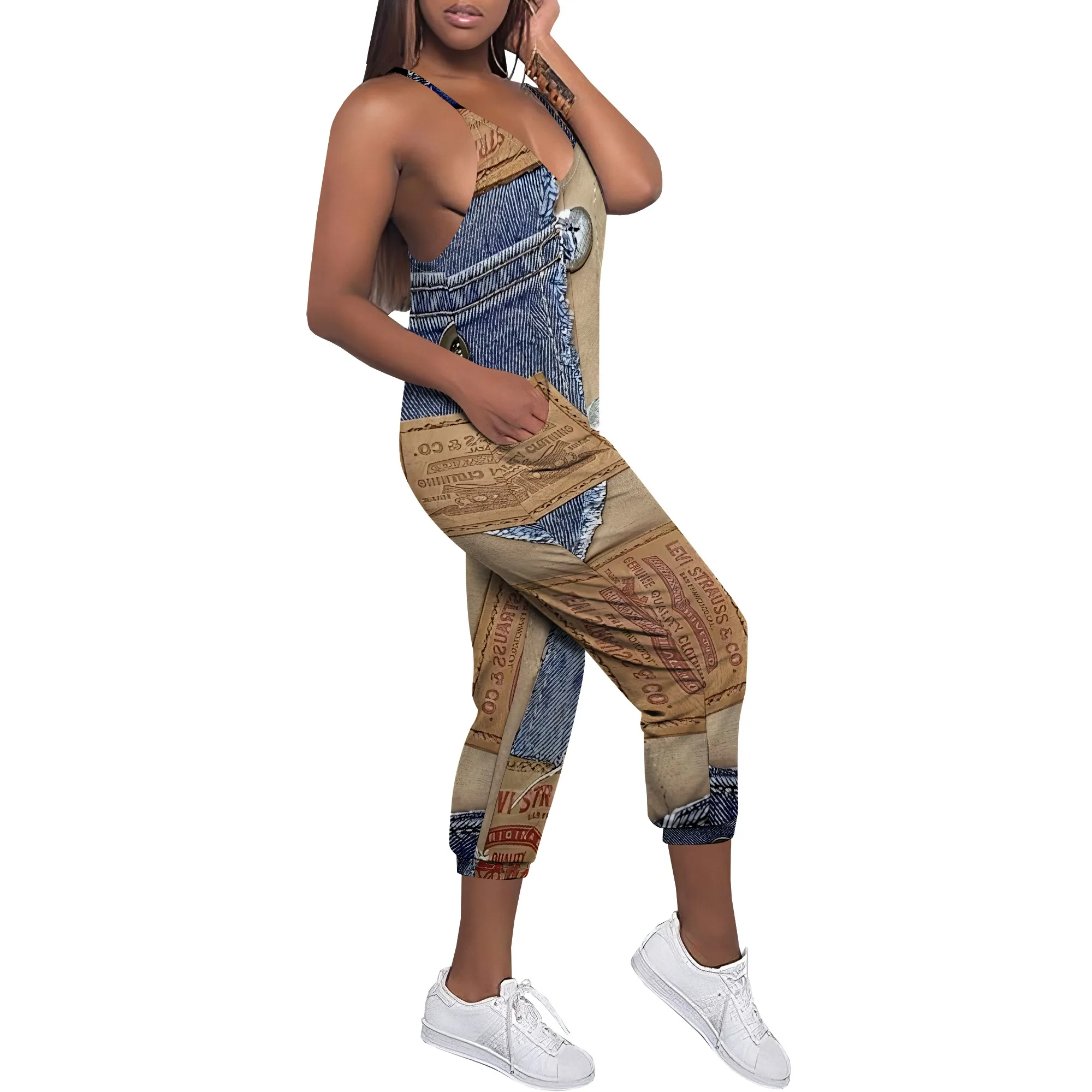 Sleeveless Shoulder Strap V Neck Top Wide Leg Pants Trousers Jumpsuit with Pockets Sleeveless Shoulder Strap V Neck Top Wide Leg Pants Trousers Jumpsuit with Pockets