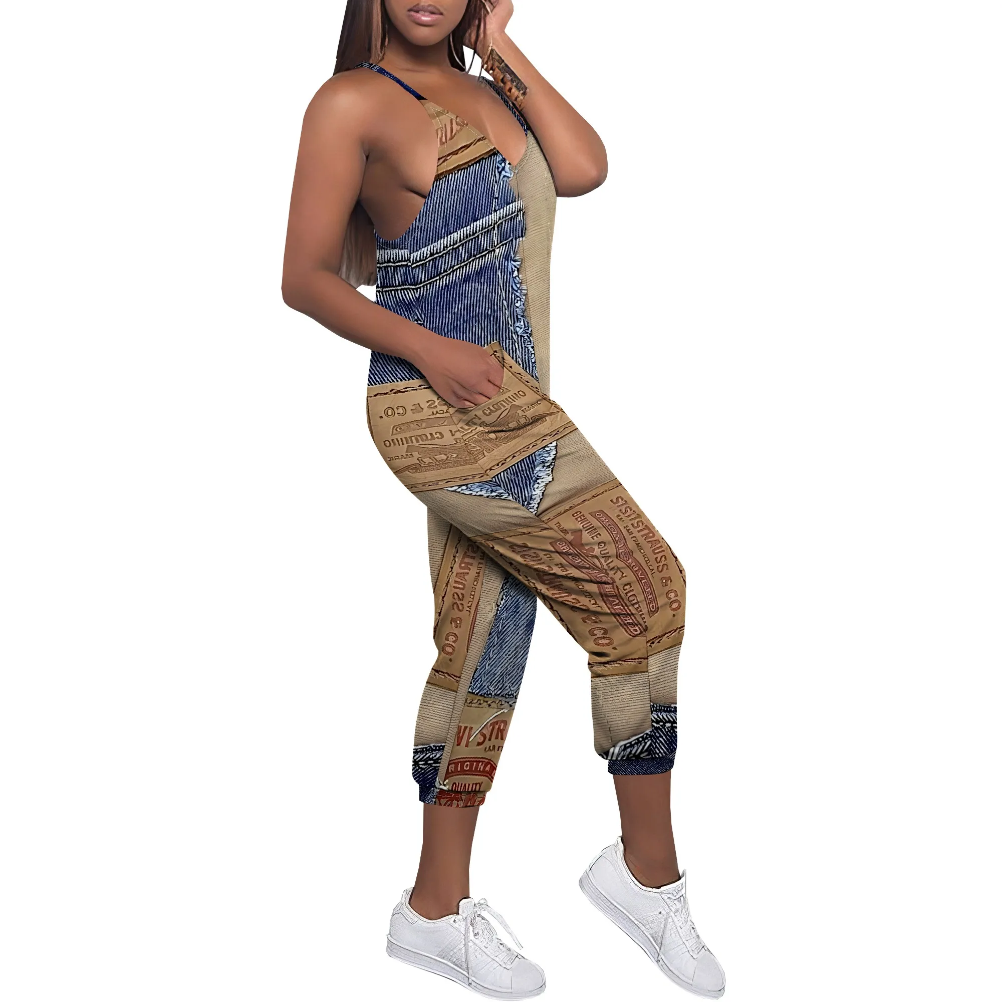 Sleeveless Shoulder Strap V Neck Top Wide Leg Pants Trousers Jumpsuit with Pockets Sleeveless Shoulder Strap V Neck Top Wide Leg Pants Trousers Jumpsuit with Pockets