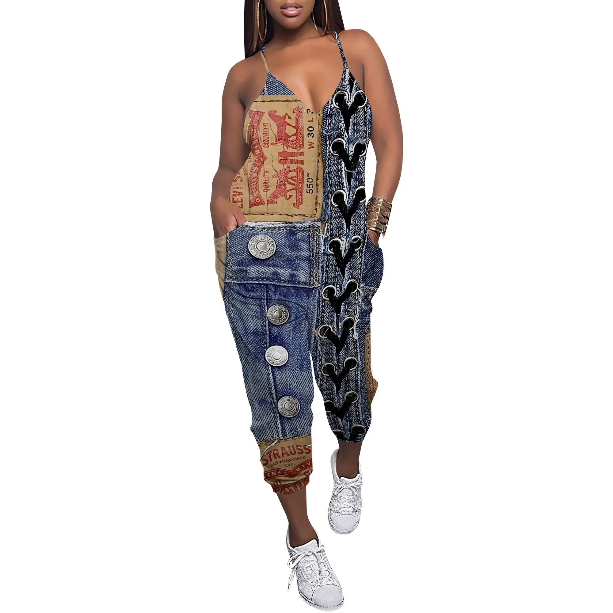 Sleeveless Shoulder Strap V Neck Top Wide Leg Pants Trousers Jumpsuit with Pockets Sleeveless Shoulder Strap V Neck Top Wide Leg Pants Trousers Jumpsuit with Pockets