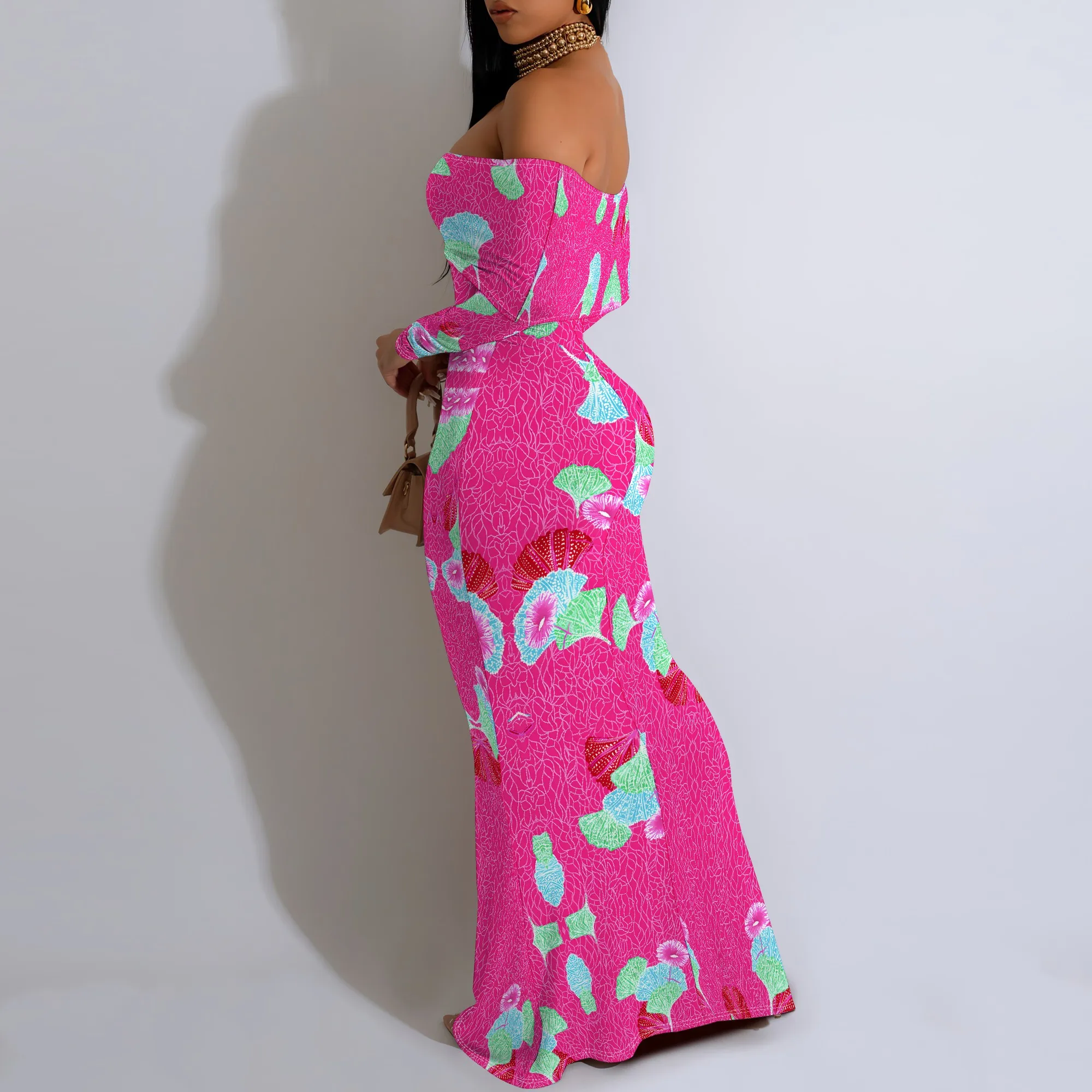 African Style Pink Floral Print Maxi Dress Off Shoulder Long Sleeve Elegant Slim Gown for Summer