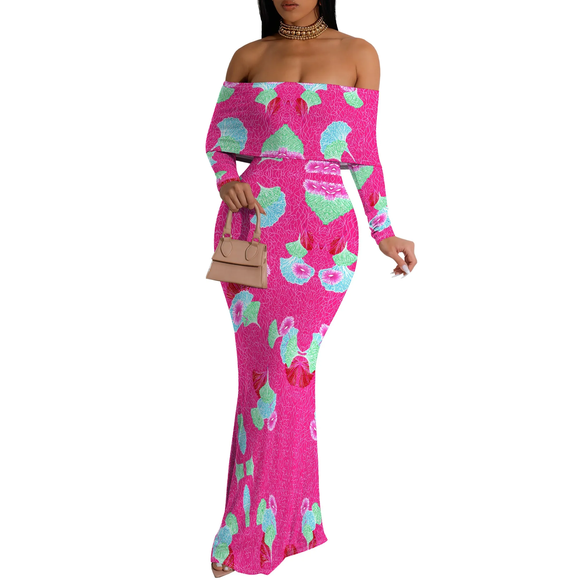 African Style Pink Floral Print Maxi Dress Off Shoulder Long Sleeve Elegant Slim Gown for Summer
