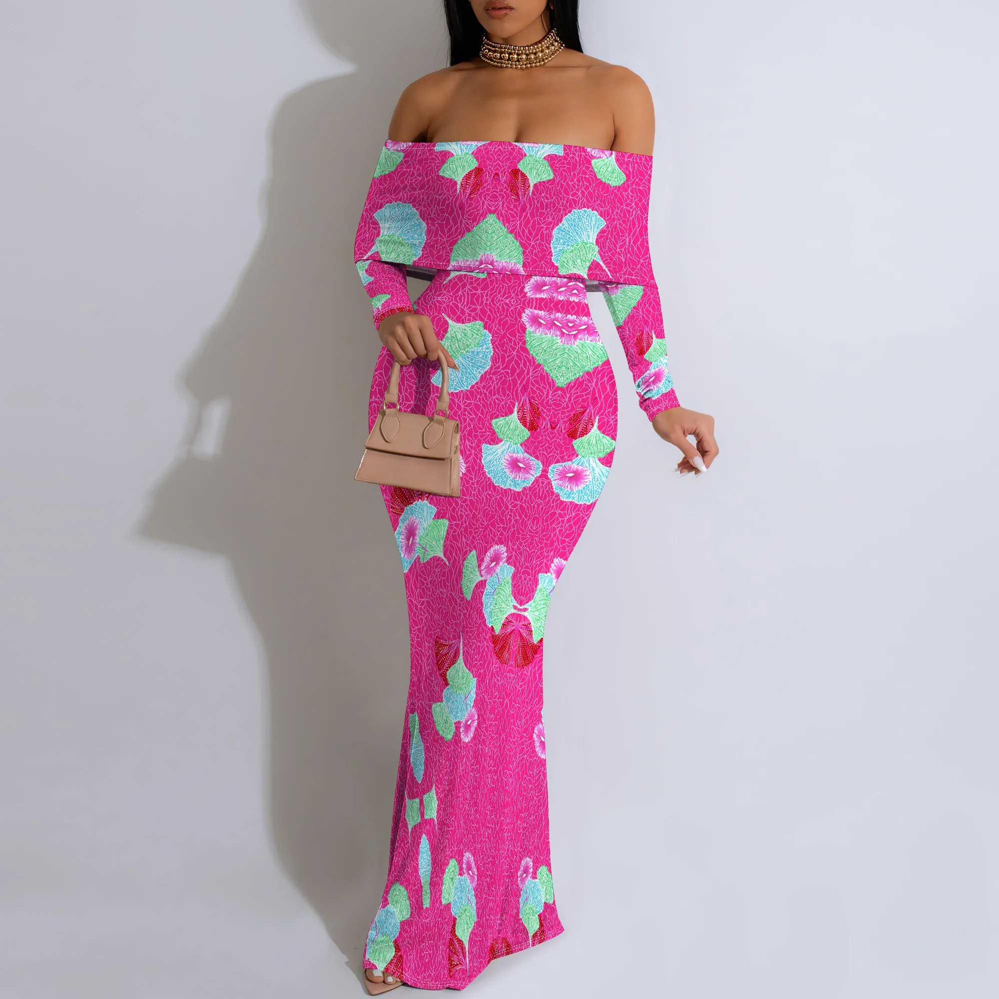 African Style Pink Floral Print Maxi Dress Off Shoulder Long Sleeve Elegant Slim Gown for Summer