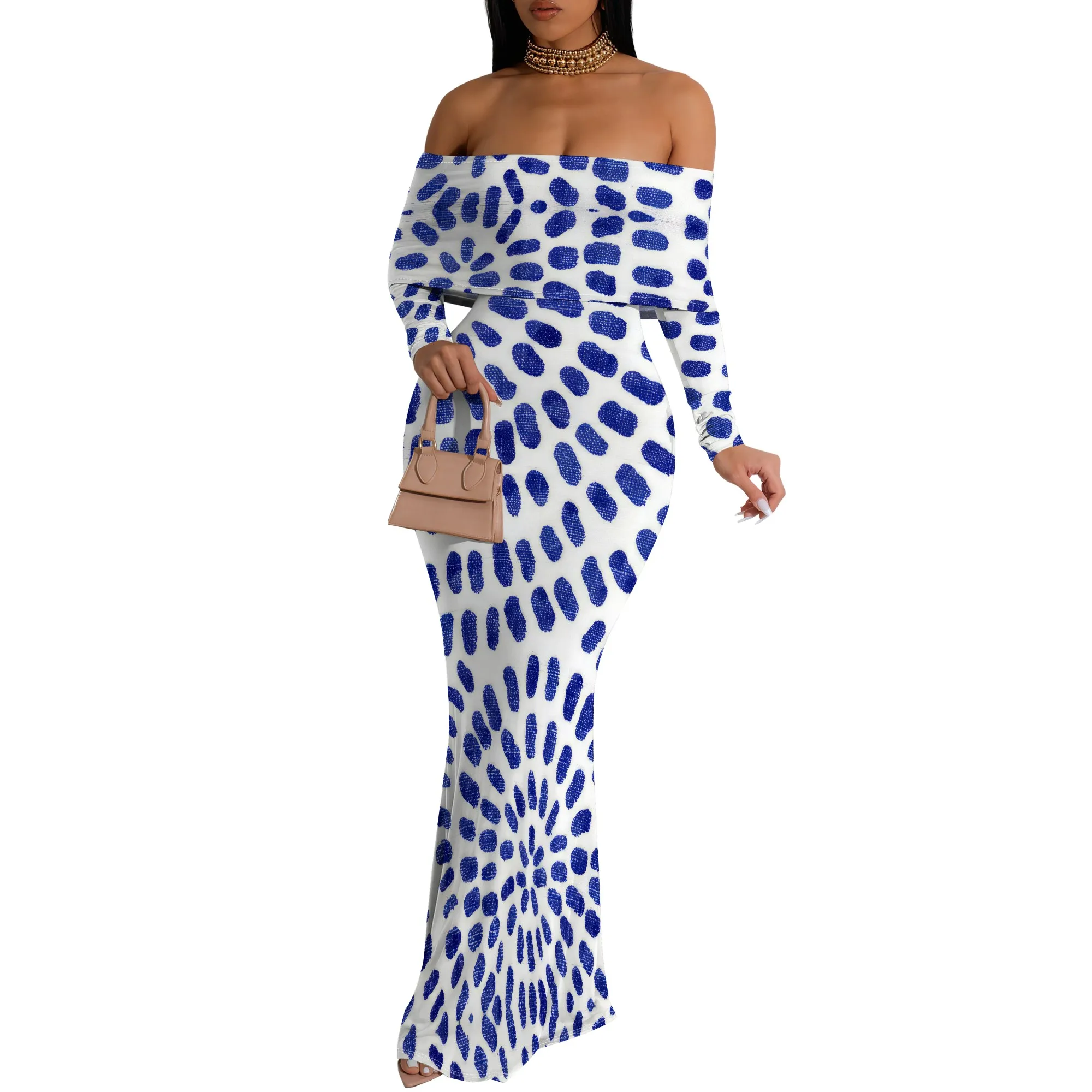 African Style Pink Floral Print Maxi Dress Off Shoulder Long Sleeve Elegant Slim Gown for Summer