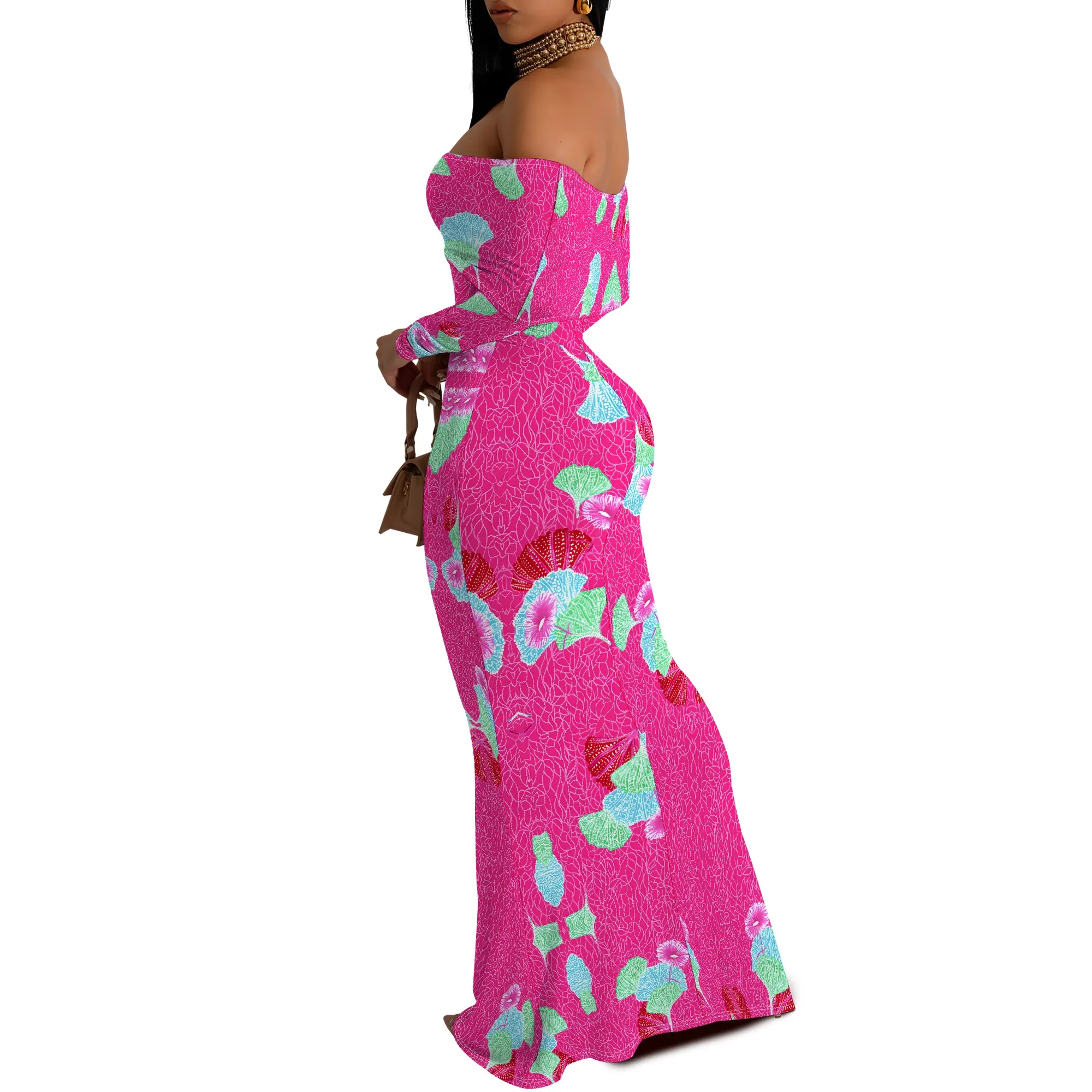 African Style Pink Floral Print Maxi Dress Off Shoulder Long Sleeve Elegant Slim Gown for Summer