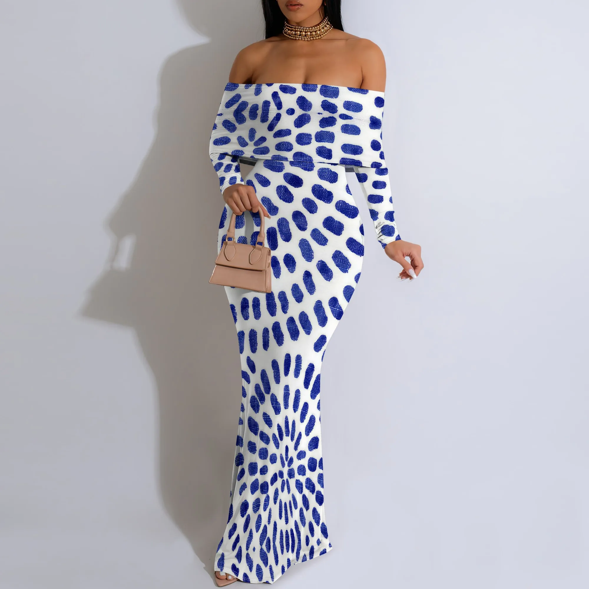 African Style Pink Floral Print Maxi Dress Off Shoulder Long Sleeve Elegant Slim Gown for Summer