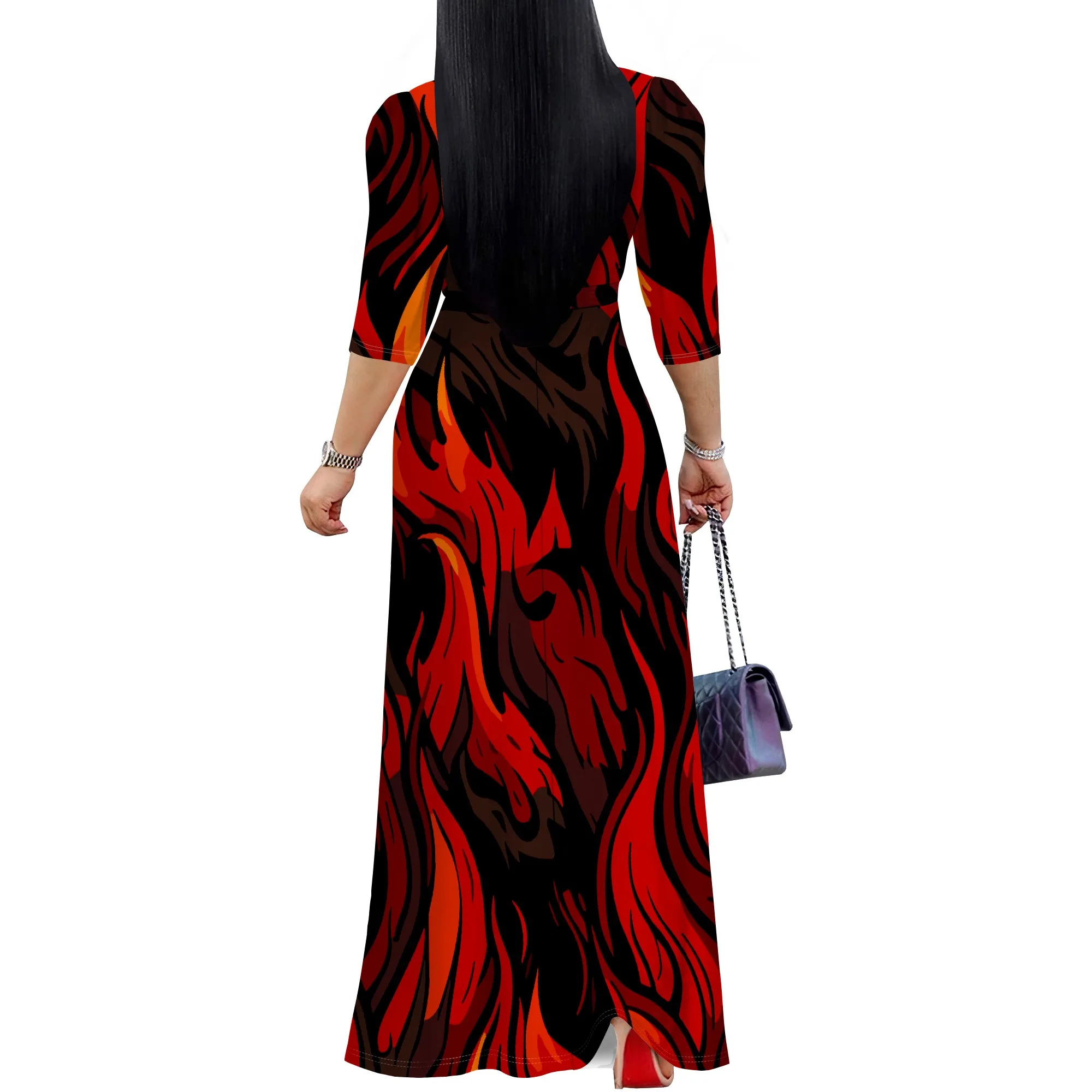 Sexy V Neck Print Maxi Dress for Women Casual Loose 3/4 Sleeves Outfits with Belt