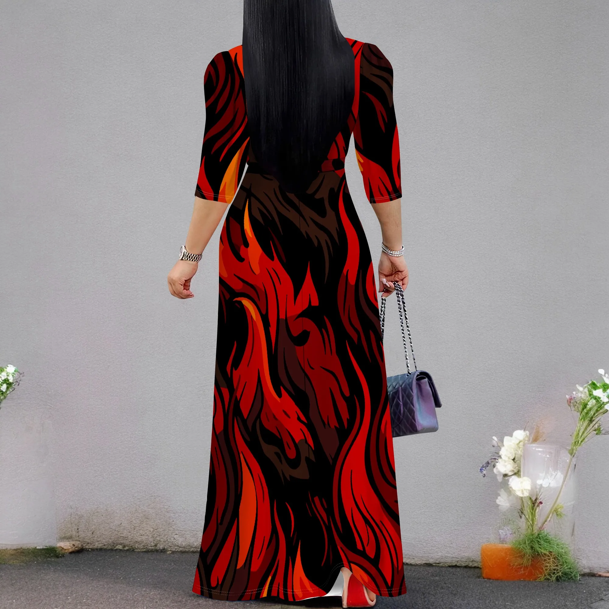 Sexy V Neck Print Maxi Dress for Women Casual Loose 3/4 Sleeves Outfits with Belt