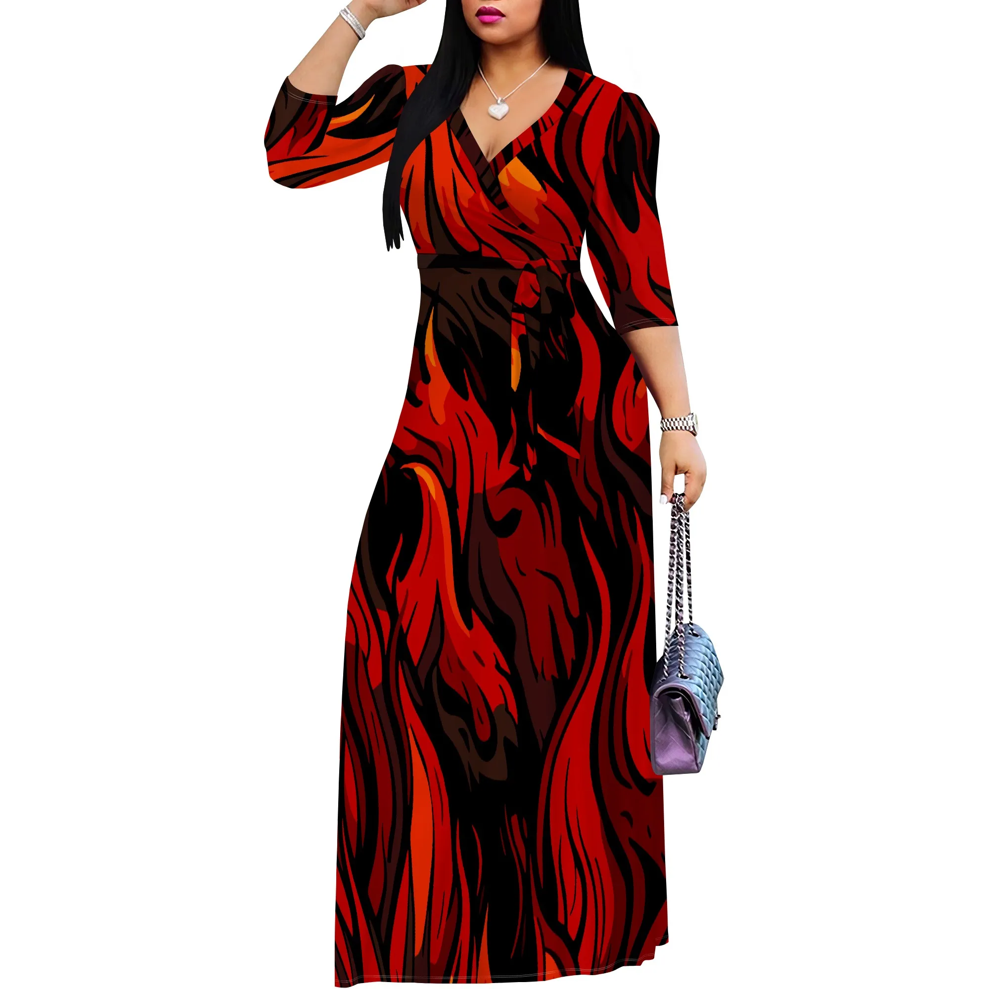 Sexy V Neck Print Maxi Dress for Women Casual Loose 3/4 Sleeves Outfits with Belt