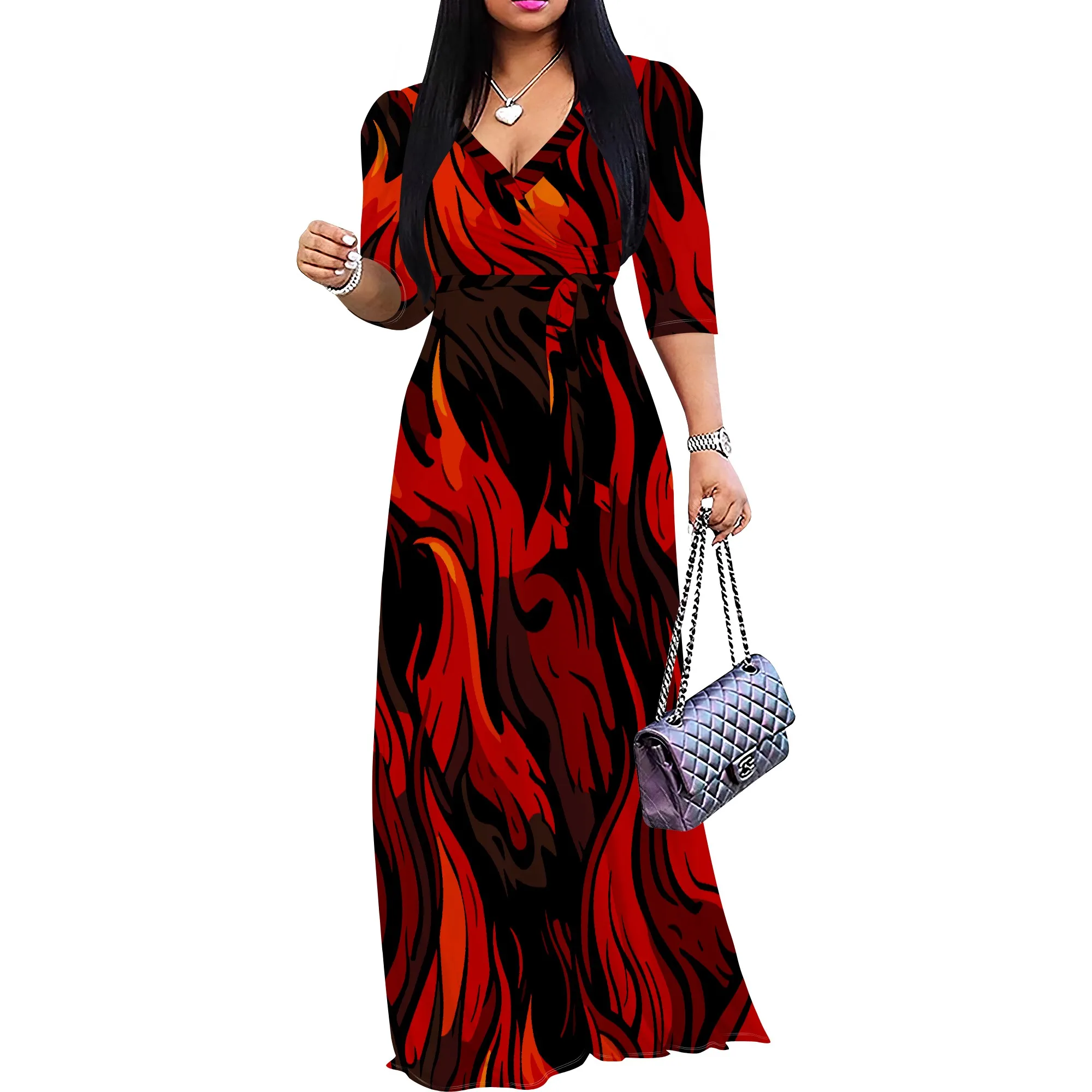 Sexy V Neck Print Maxi Dress for Women Casual Loose 3/4 Sleeves Outfits with Belt