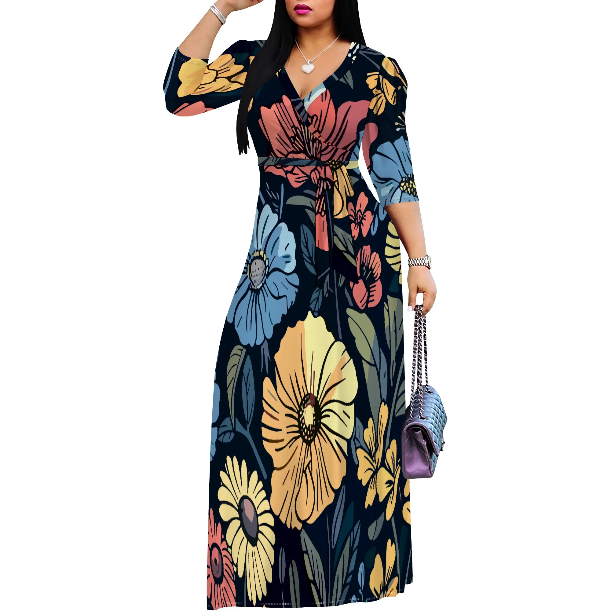 Sexy V Neck Print Maxi Dress for Women Casual Loose 3/4 Sleeves Outfits with Belt