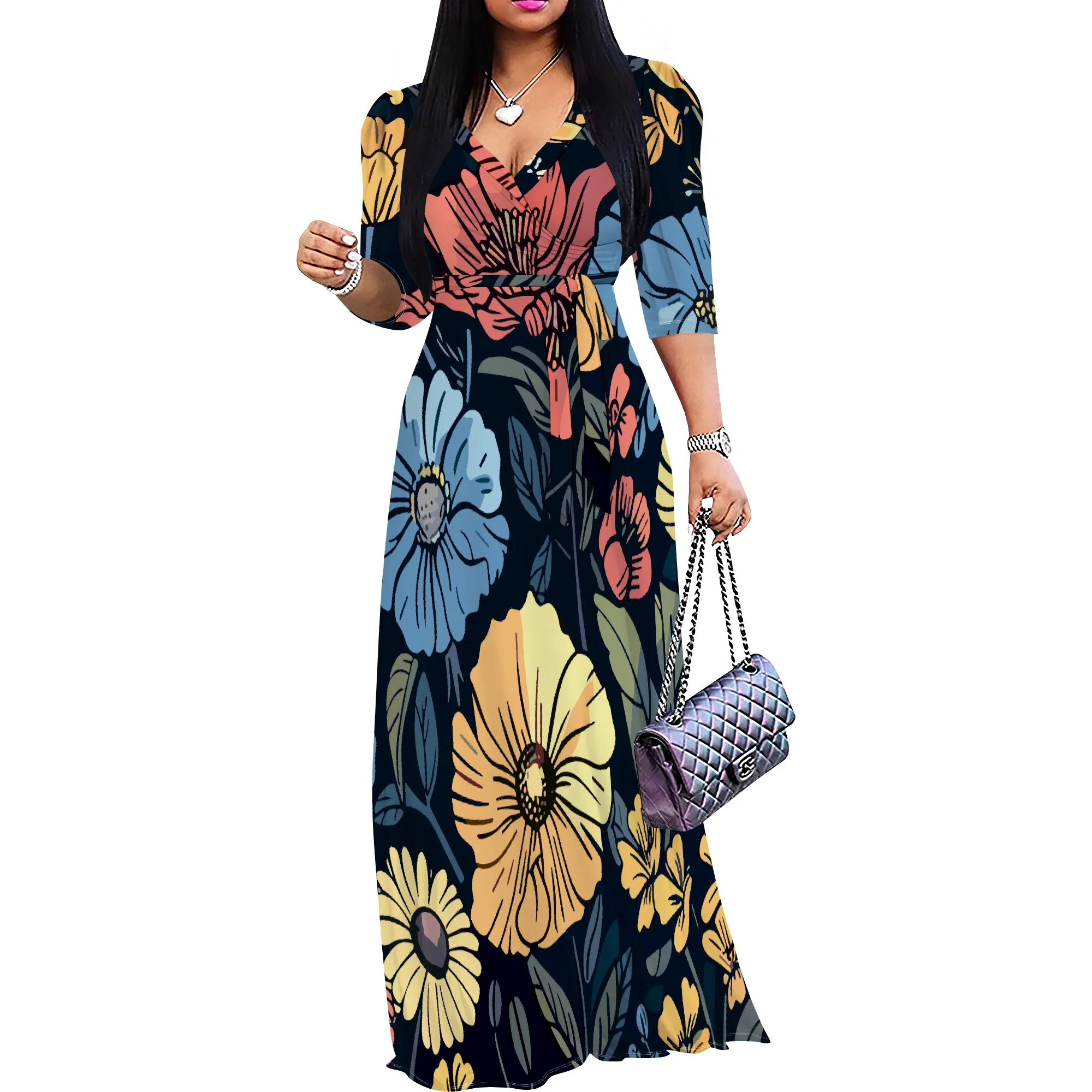 Sexy V Neck Print Maxi Dress for Women Casual Loose 3/4 Sleeves Outfits with Belt