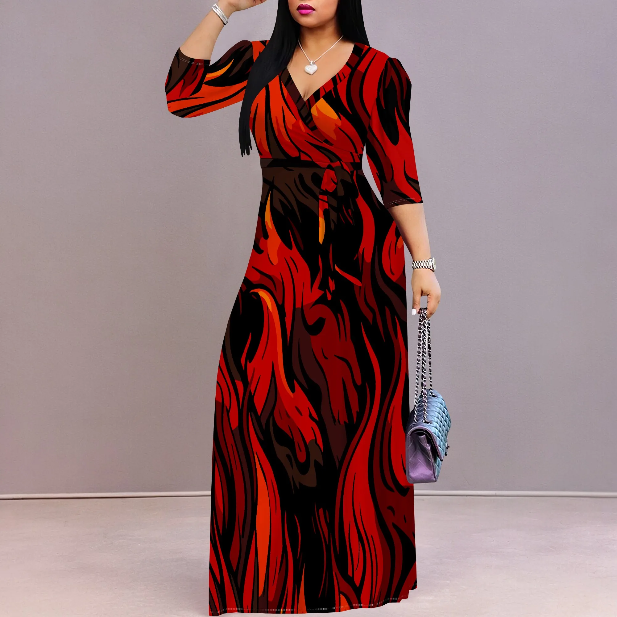 Sexy V Neck Print Maxi Dress for Women Casual Loose 3/4 Sleeves Outfits with Belt