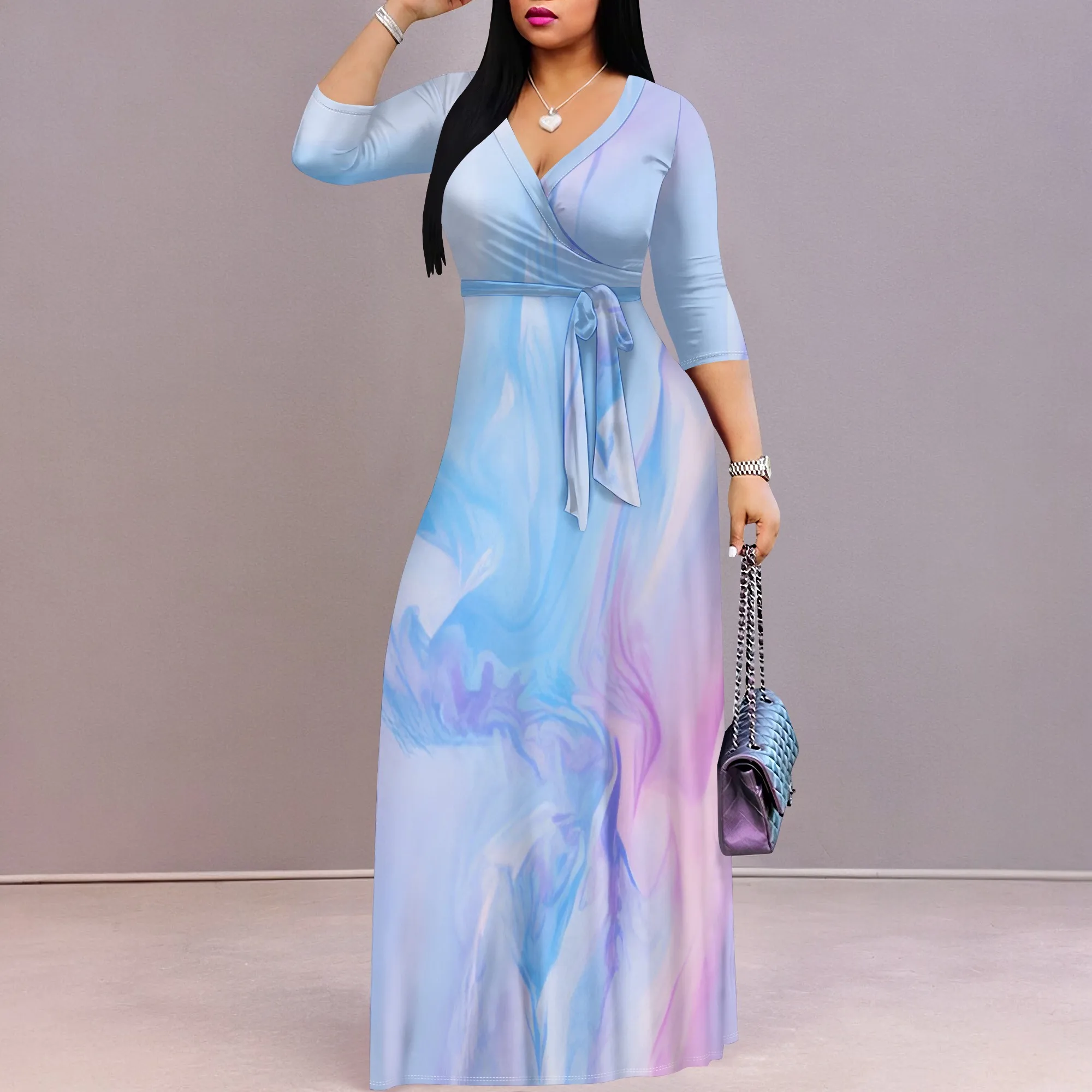 Maxi Dress for Women Gradient Casual Long Sundress V Neck 3/4 Sleeves with Belt Maxi Dress for Women Gradient Casual Long Sundress V Neck 3/4 Sleeves with Belt