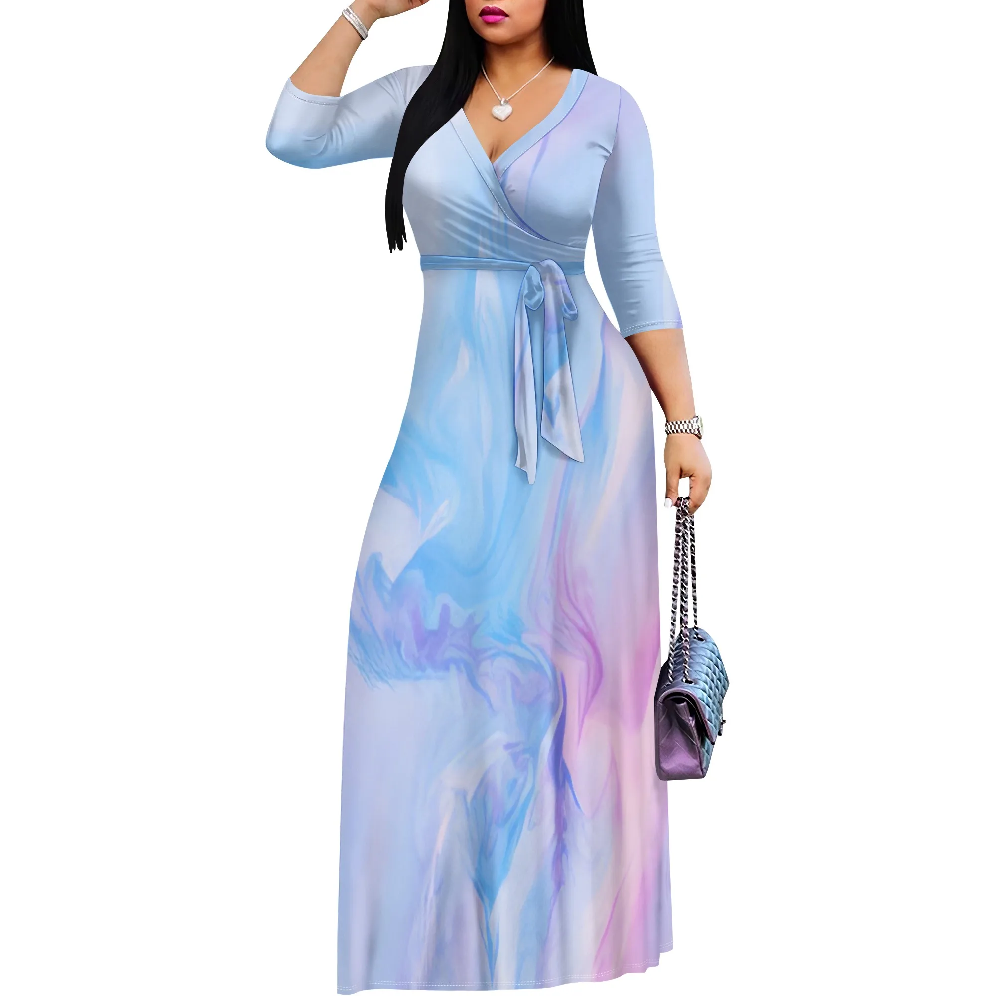 Maxi Dress for Women Gradient Casual Long Sundress V Neck 3/4 Sleeves with Belt Maxi Dress for Women Gradient Casual Long Sundress V Neck 3/4 Sleeves with Belt