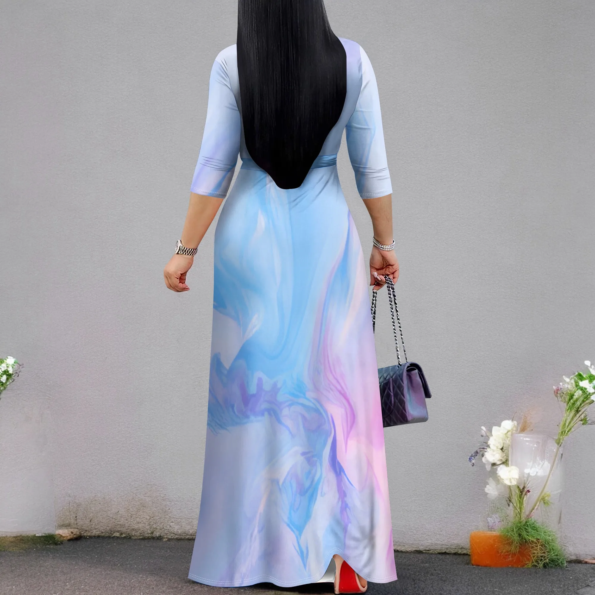 Maxi Dress for Women Gradient Casual Long Sundress V Neck 3/4 Sleeves with Belt Maxi Dress for Women Gradient Casual Long Sundress V Neck 3/4 Sleeves with Belt