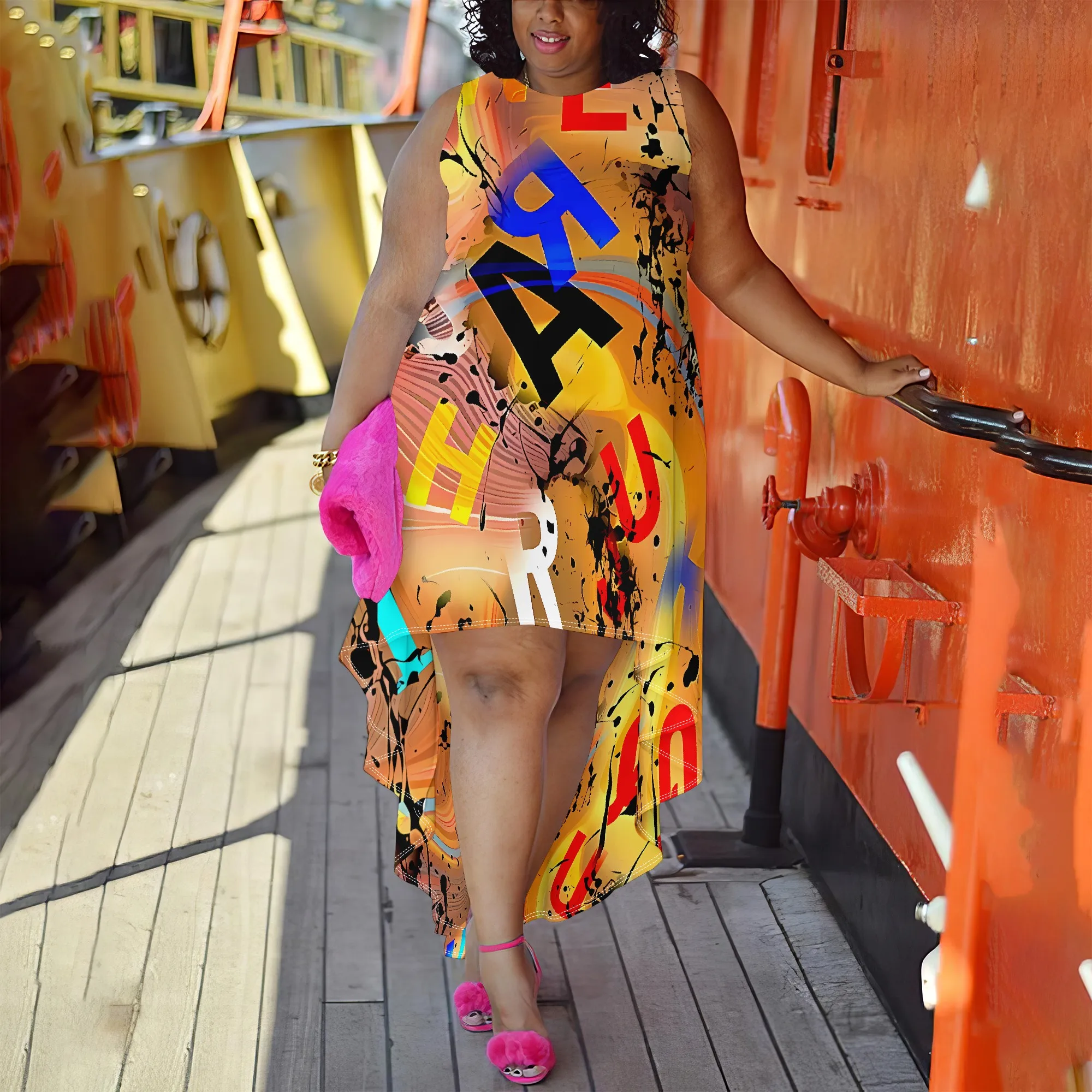 Plus Size Sleeveless Abstract Graffiti Print High-Low Dress for Women, Casual Chic Summer Dress
