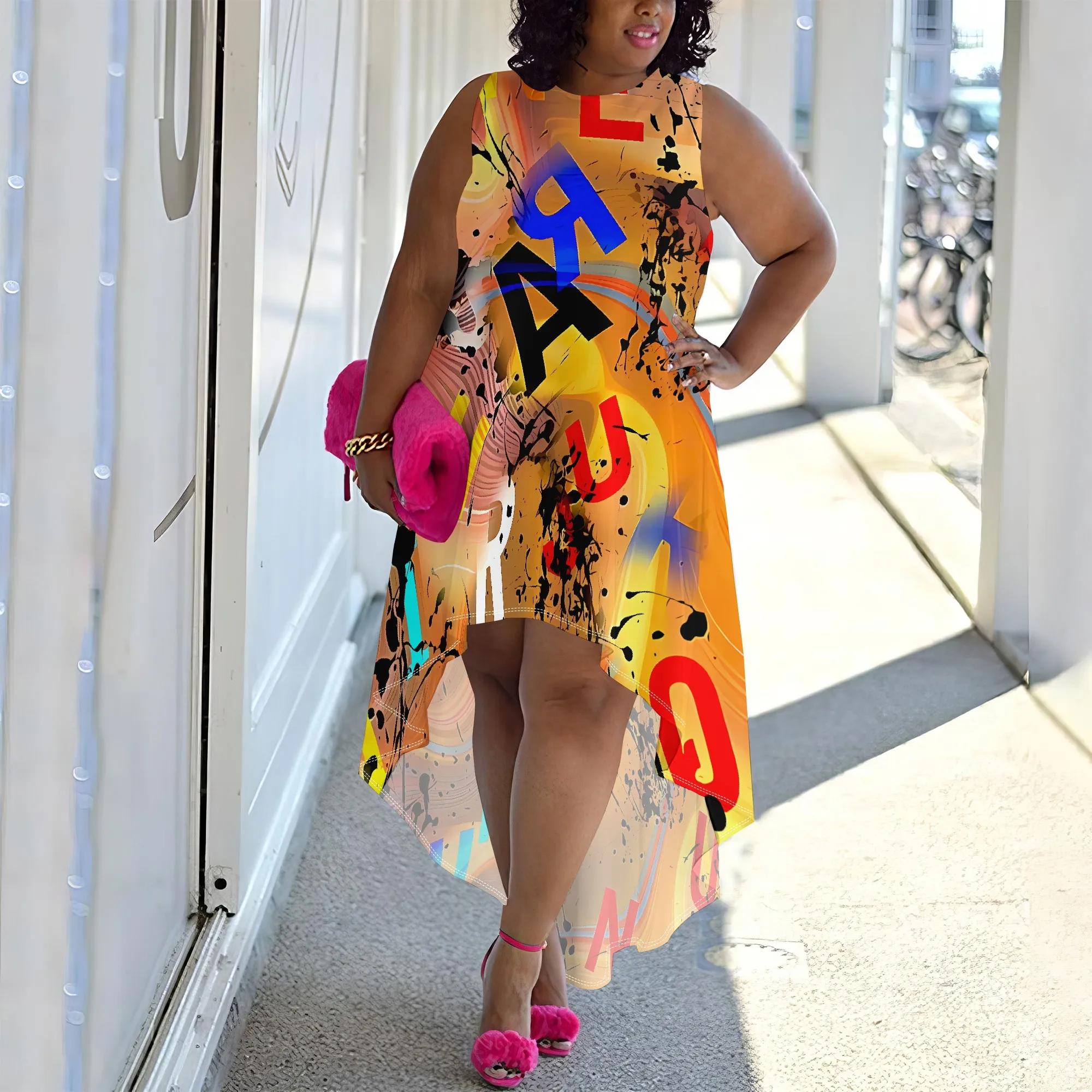 Plus Size Sleeveless Abstract Graffiti Print High-Low Dress for Women, Casual Chic Summer Dress