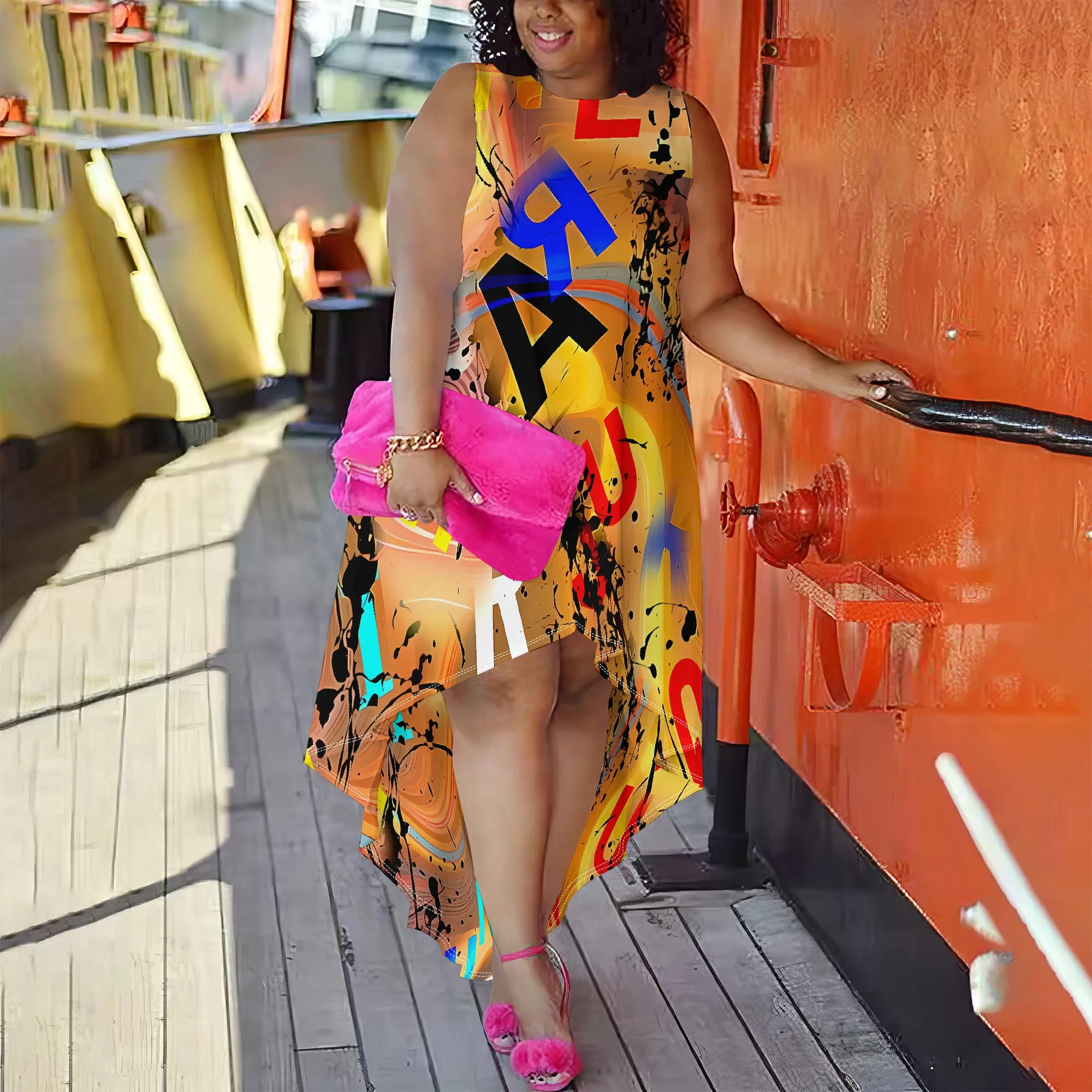 Plus Size Sleeveless Abstract Graffiti Print High-Low Dress for Women, Casual Chic Summer Dress