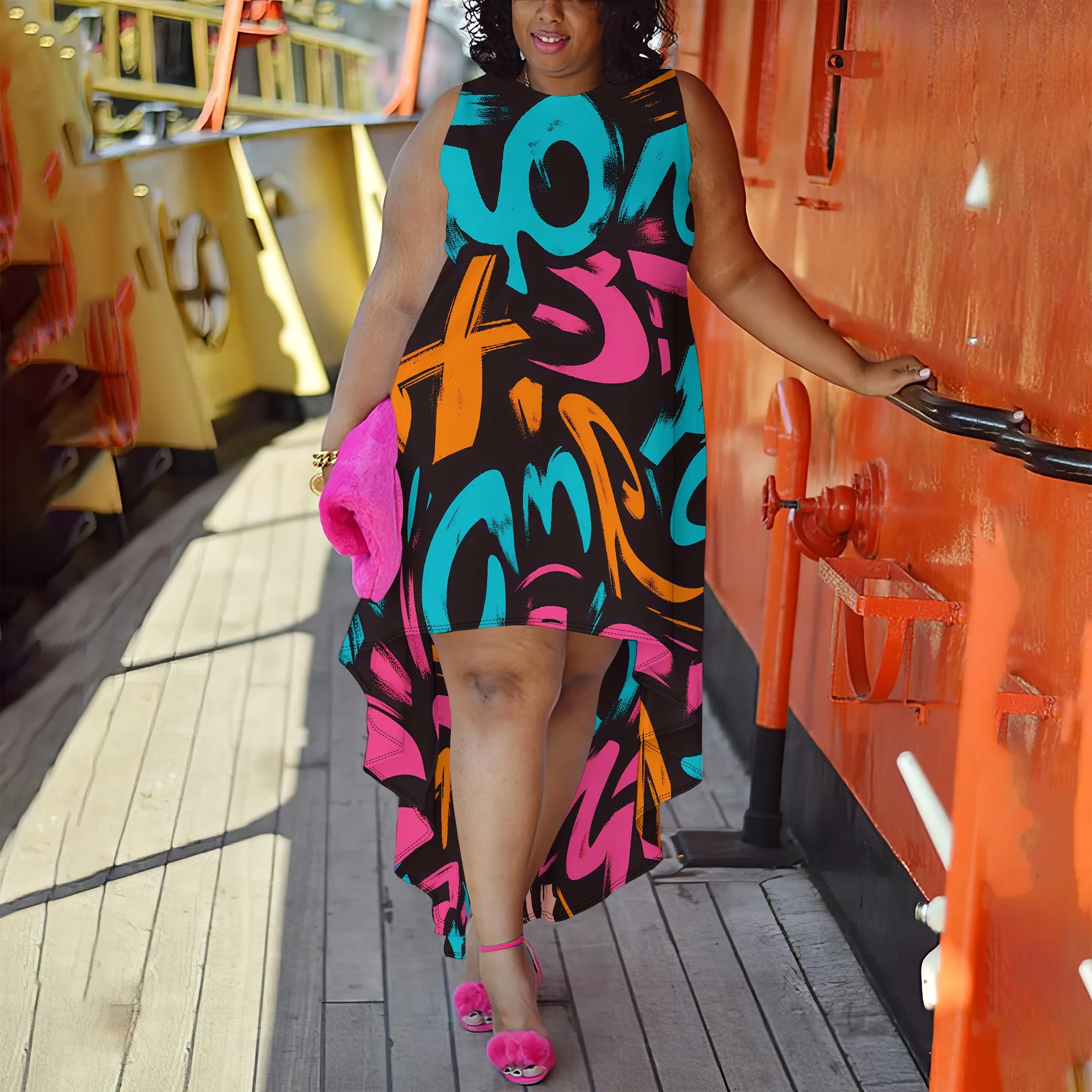 Plus Size Sleeveless Graffiti Abstract Print High-Low Dress for Women, Vibrant Casual Dress for Summer Plus Size Sleeveless Graffiti Abstract Print High-Low Dress for Women, Vibrant Casual Dress for Summer