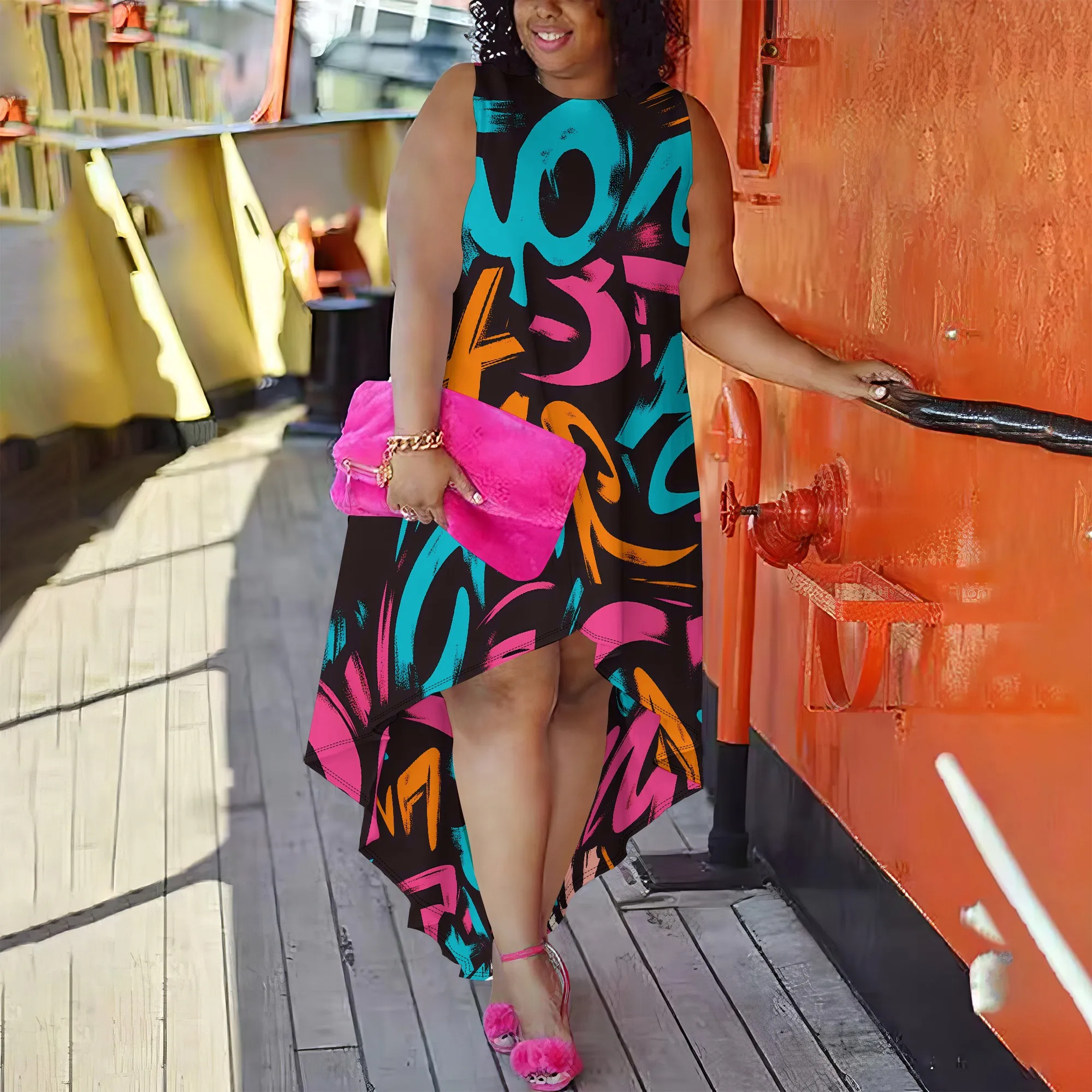 Plus Size Sleeveless Graffiti Abstract Print High-Low Dress for Women, Vibrant Casual Dress for Summer Plus Size Sleeveless Graffiti Abstract Print High-Low Dress for Women, Vibrant Casual Dress for Summer