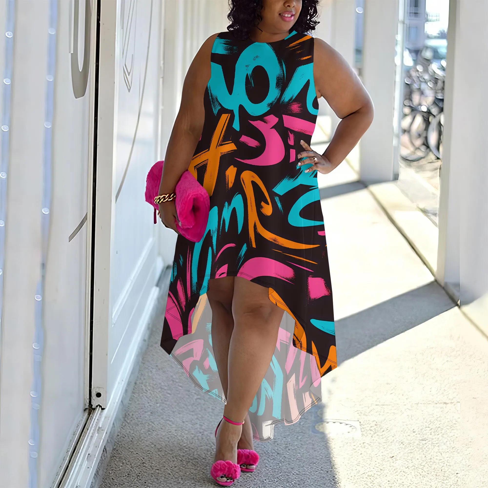 Plus Size Sleeveless Graffiti Abstract Print High-Low Dress for Women, Vibrant Casual Dress for Summer Plus Size Sleeveless Graffiti Abstract Print High-Low Dress for Women, Vibrant Casual Dress for Summer