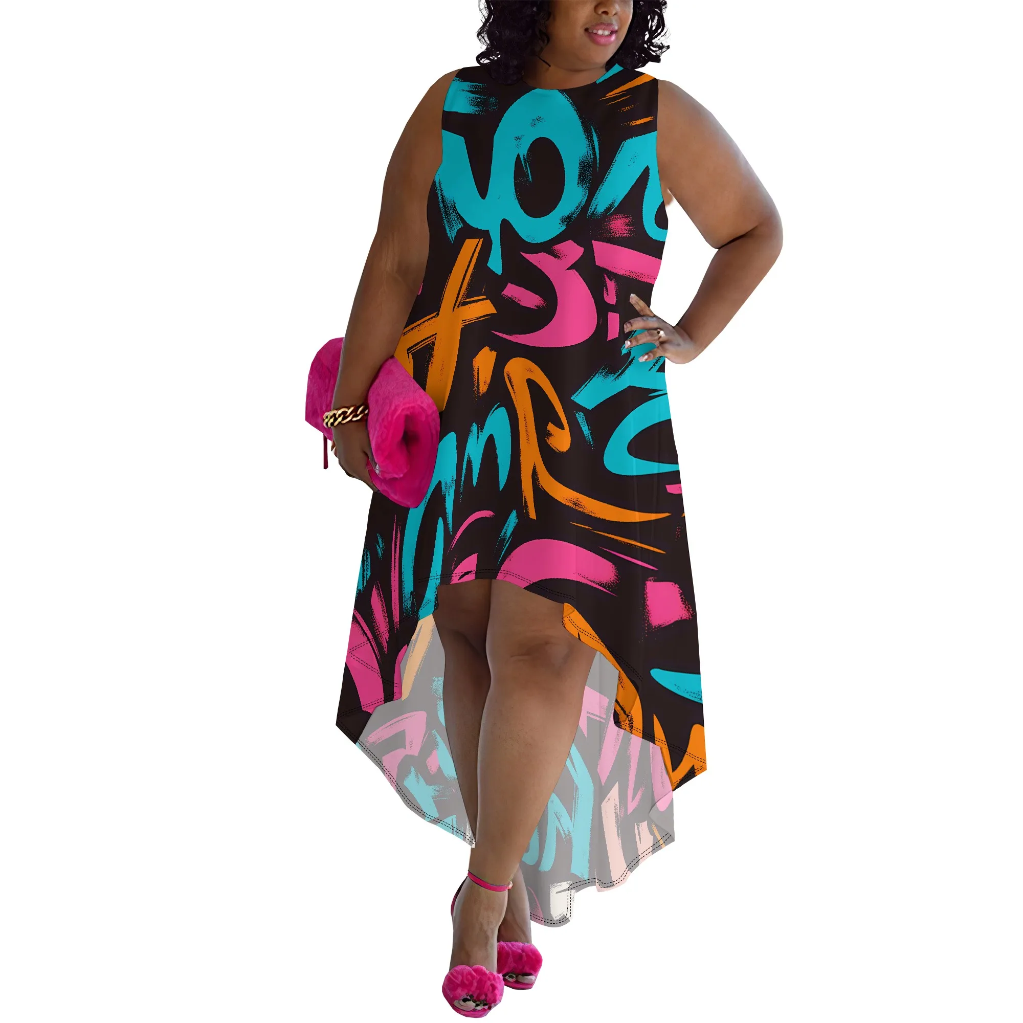 Plus Size Sleeveless Graffiti Abstract Print High-Low Dress for Women, Vibrant Casual Dress for Summer Plus Size Sleeveless Graffiti Abstract Print High-Low Dress for Women, Vibrant Casual Dress for Summer