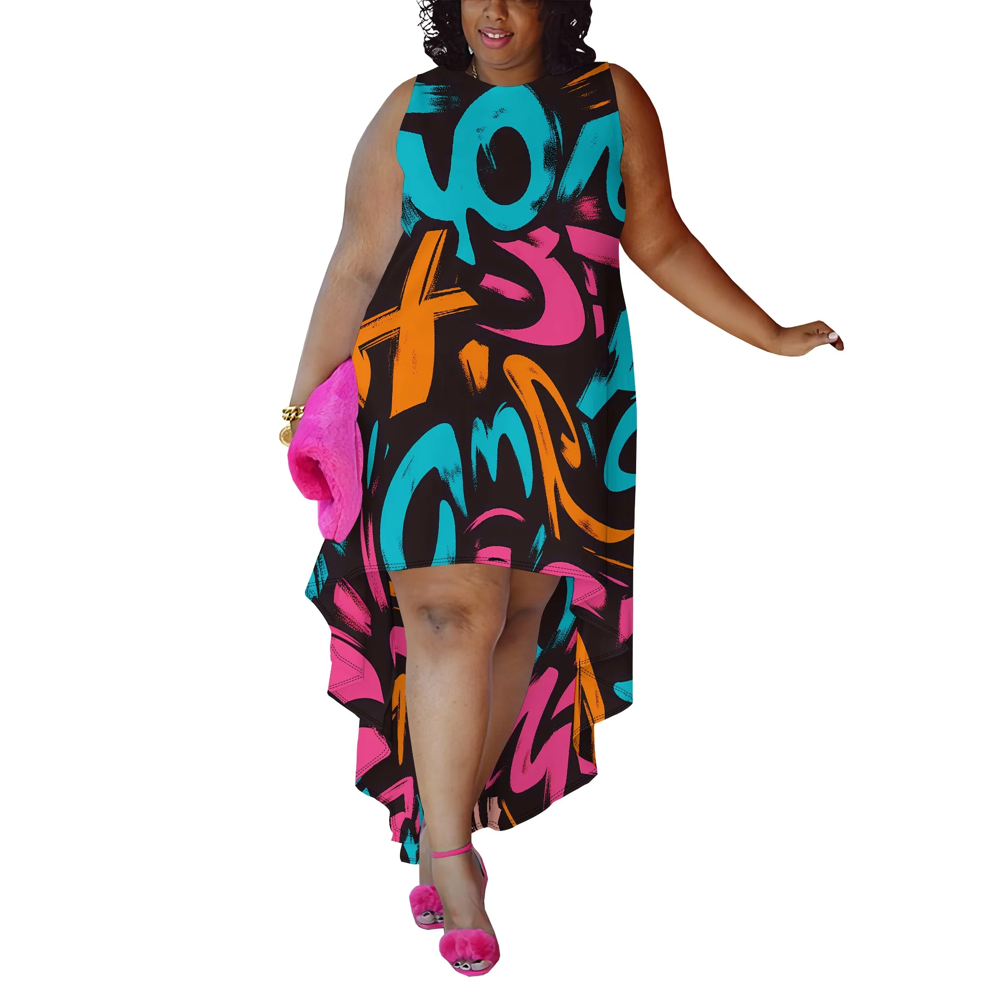 Plus Size Sleeveless Graffiti Abstract Print High-Low Dress for Women, Vibrant Casual Dress for Summer Plus Size Sleeveless Graffiti Abstract Print High-Low Dress for Women, Vibrant Casual Dress for Summer
