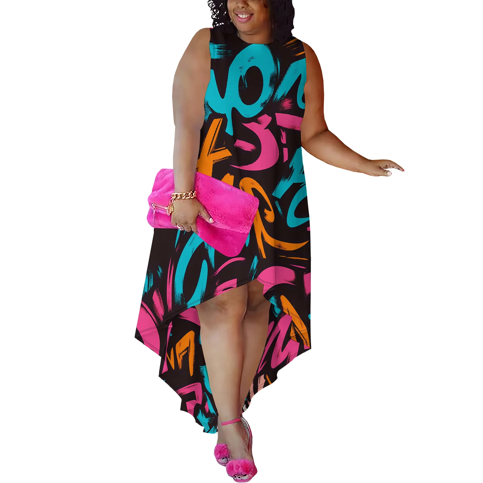 Plus Size Sleeveless Graffiti Abstract Print High-Low Dress for Women, Vibrant Casual Dress for Summer Plus Size Sleeveless Graffiti Abstract Print High-Low Dress for Women, Vibrant Casual Dress for Summer