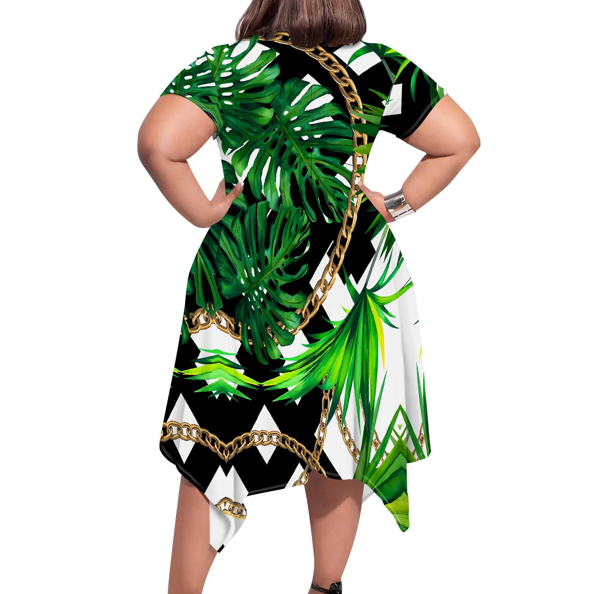 Tropical Hawaiian Print Midi Dress - Short Sleeve Round Neck Asymmetric Hem