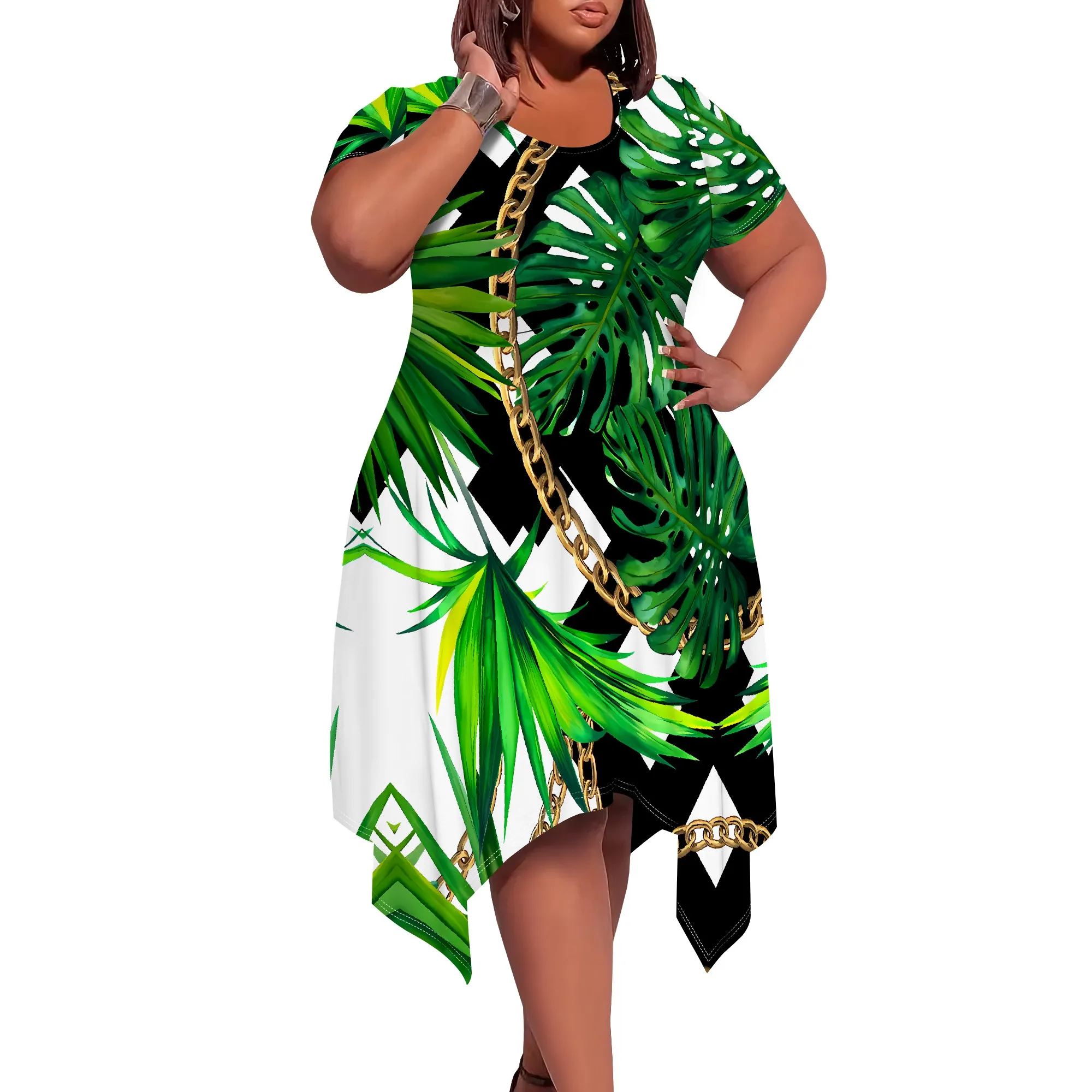 Tropical Hawaiian Print Midi Dress - Short Sleeve Round Neck Asymmetric Hem