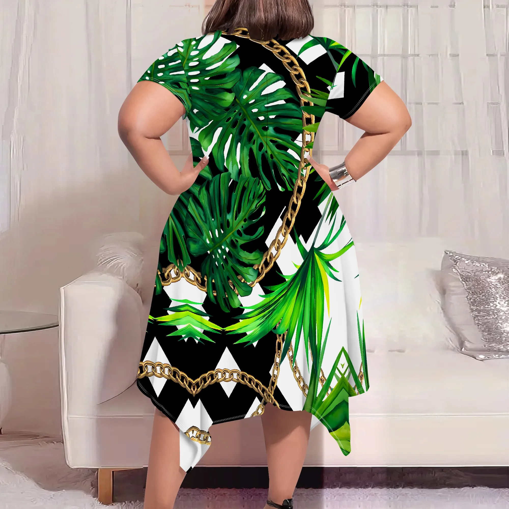 Tropical Hawaiian Print Midi Dress - Short Sleeve Round Neck Asymmetric Hem