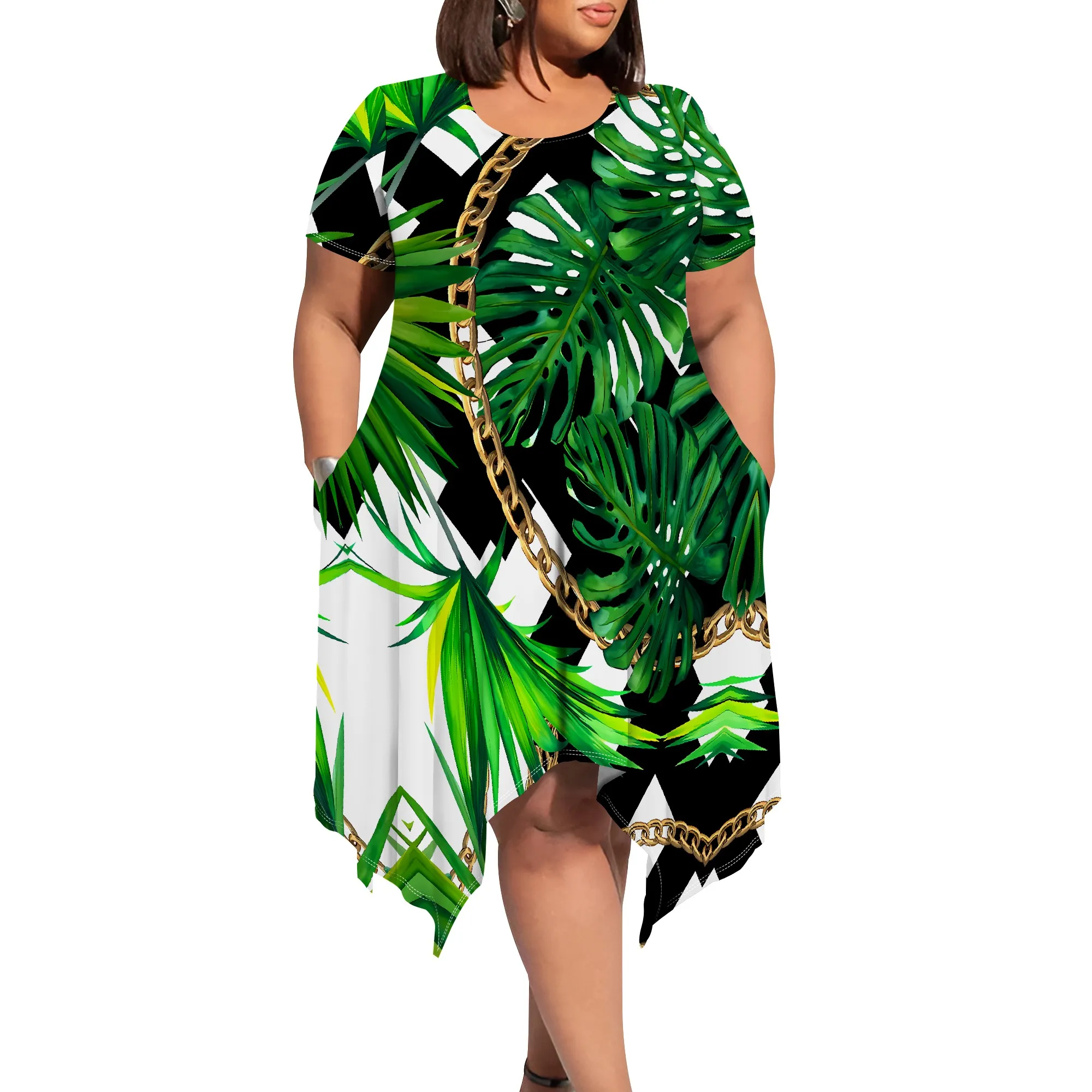 Tropical Hawaiian Print Midi Dress - Short Sleeve Round Neck Asymmetric Hem