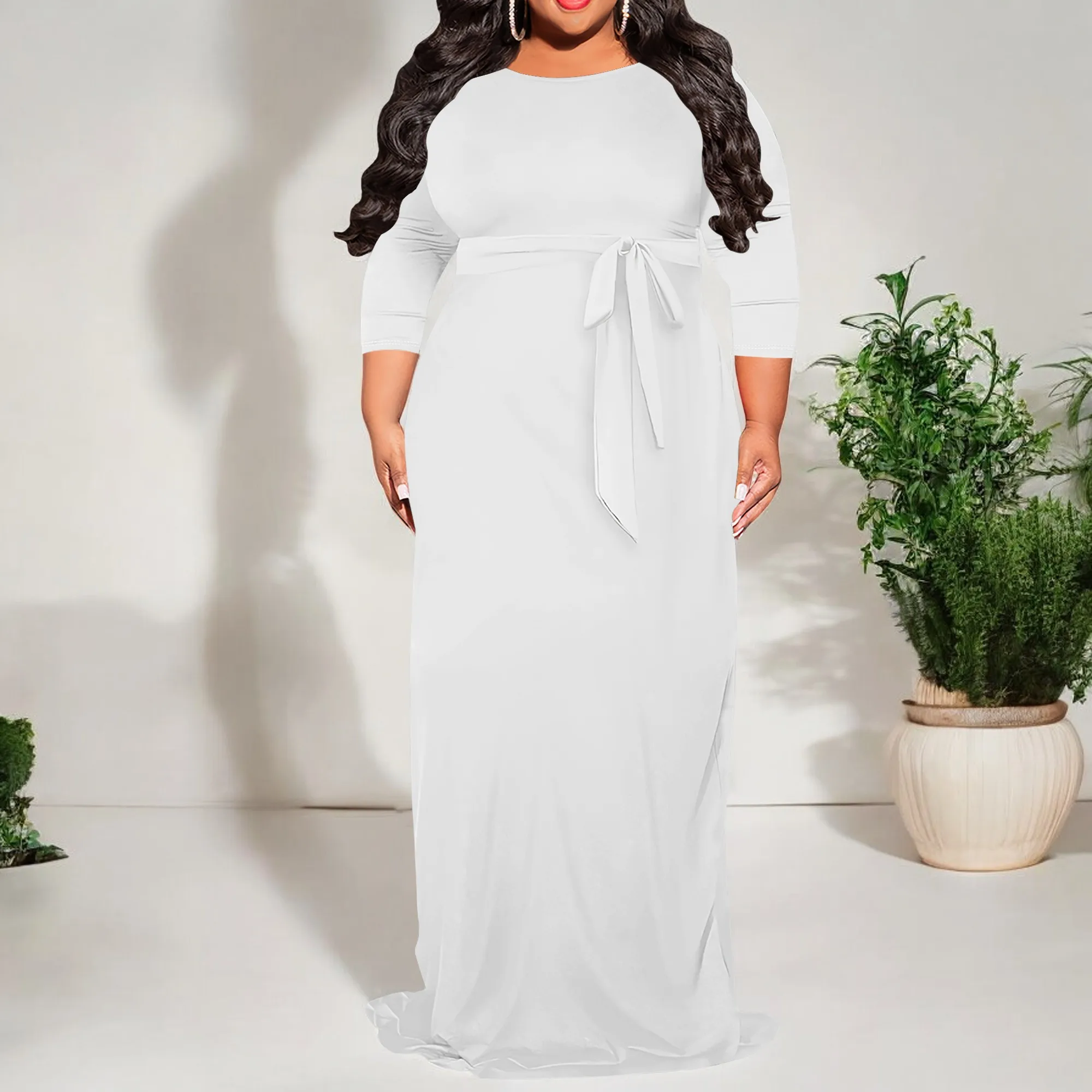Plus Size Plain White Long Sleeve Maxi Dress for Women Elegant Casual Dress with Belt Plus Size Plain White Long Sleeve Maxi Dress for Women Elegant Casual Dress with Belt