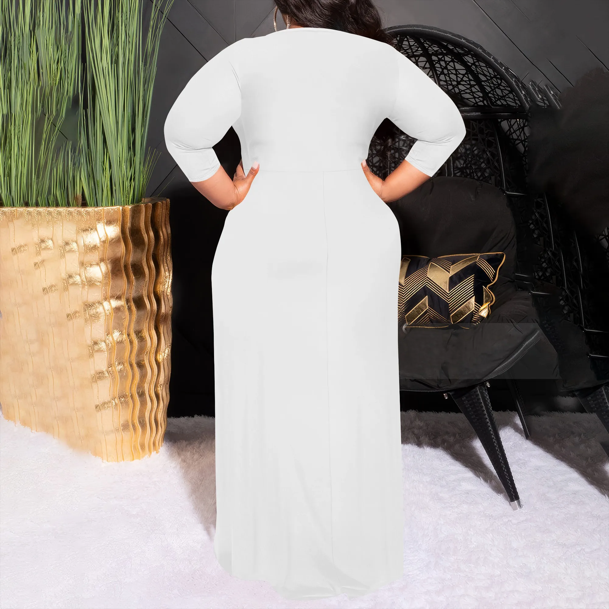 Plus Size Plain White Long Sleeve Maxi Dress for Women Elegant Casual Dress with Belt Plus Size Plain White Long Sleeve Maxi Dress for Women Elegant Casual Dress with Belt