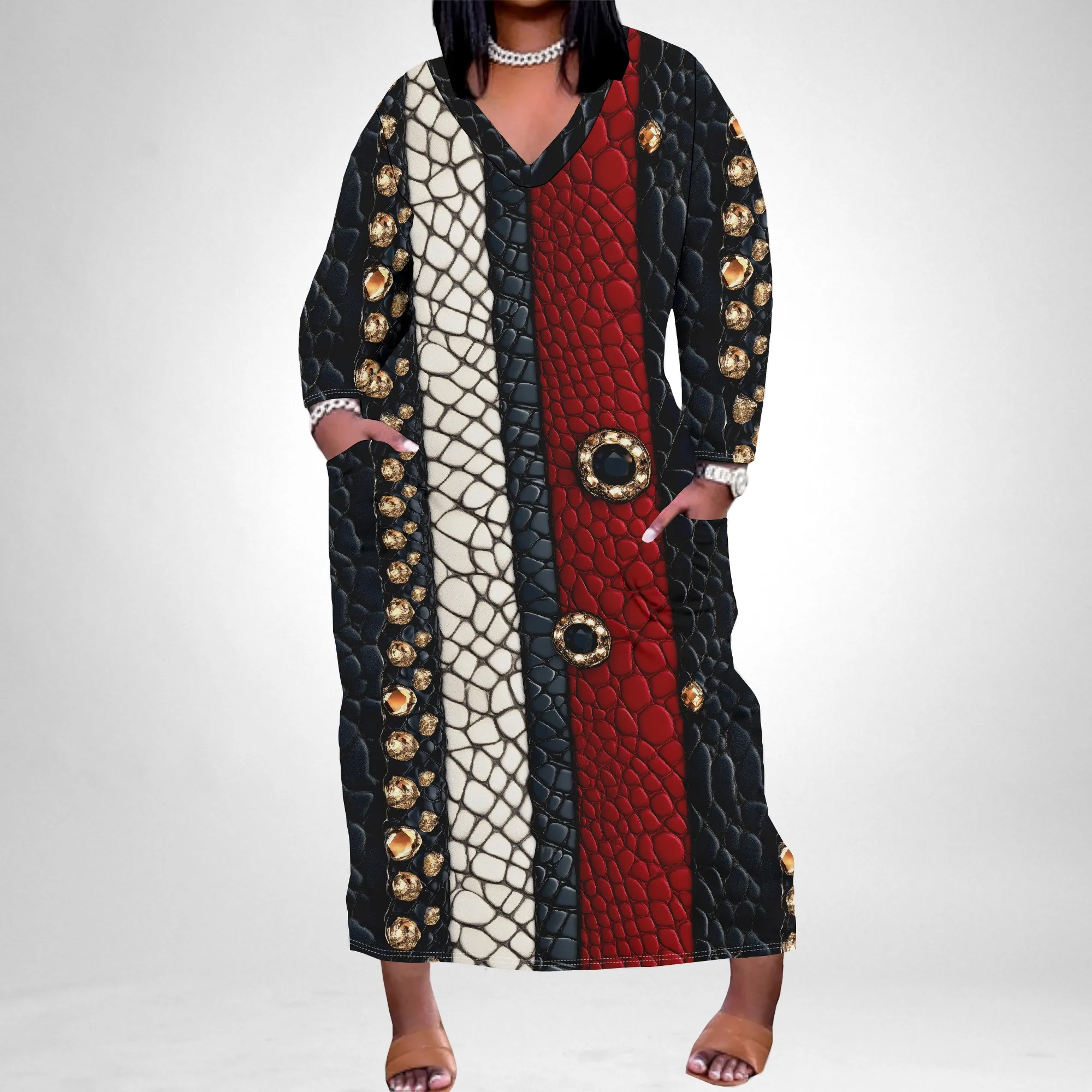 Hot selling European and American black plus size dress with personality and sparkling pattern, long sleeves and pockets Hot selling European and American black plus size dress with personality and sparkling pattern, long sleeves and pockets