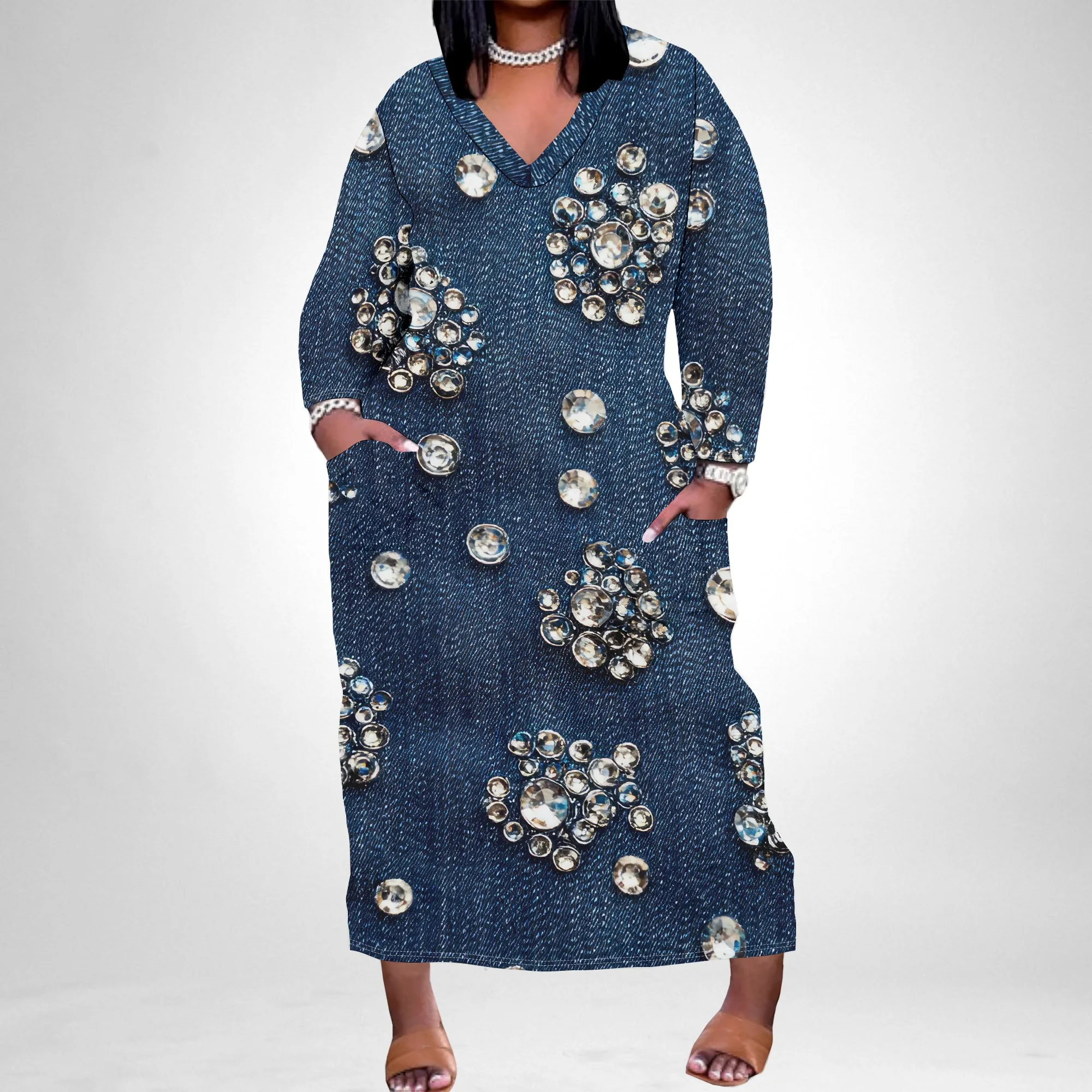 Hot selling European and American black plus size dress with personality and sparkling pattern, long sleeves and pockets Hot selling European and American black plus size dress with personality and sparkling pattern, long sleeves and pockets