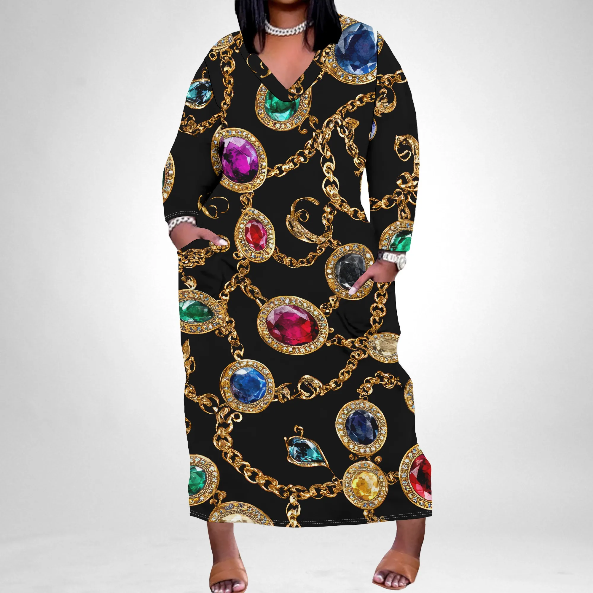 Hot selling European and American black plus size dress with personality and sparkling pattern, long sleeves and pockets Hot selling European and American black plus size dress with personality and sparkling pattern, long sleeves and pockets