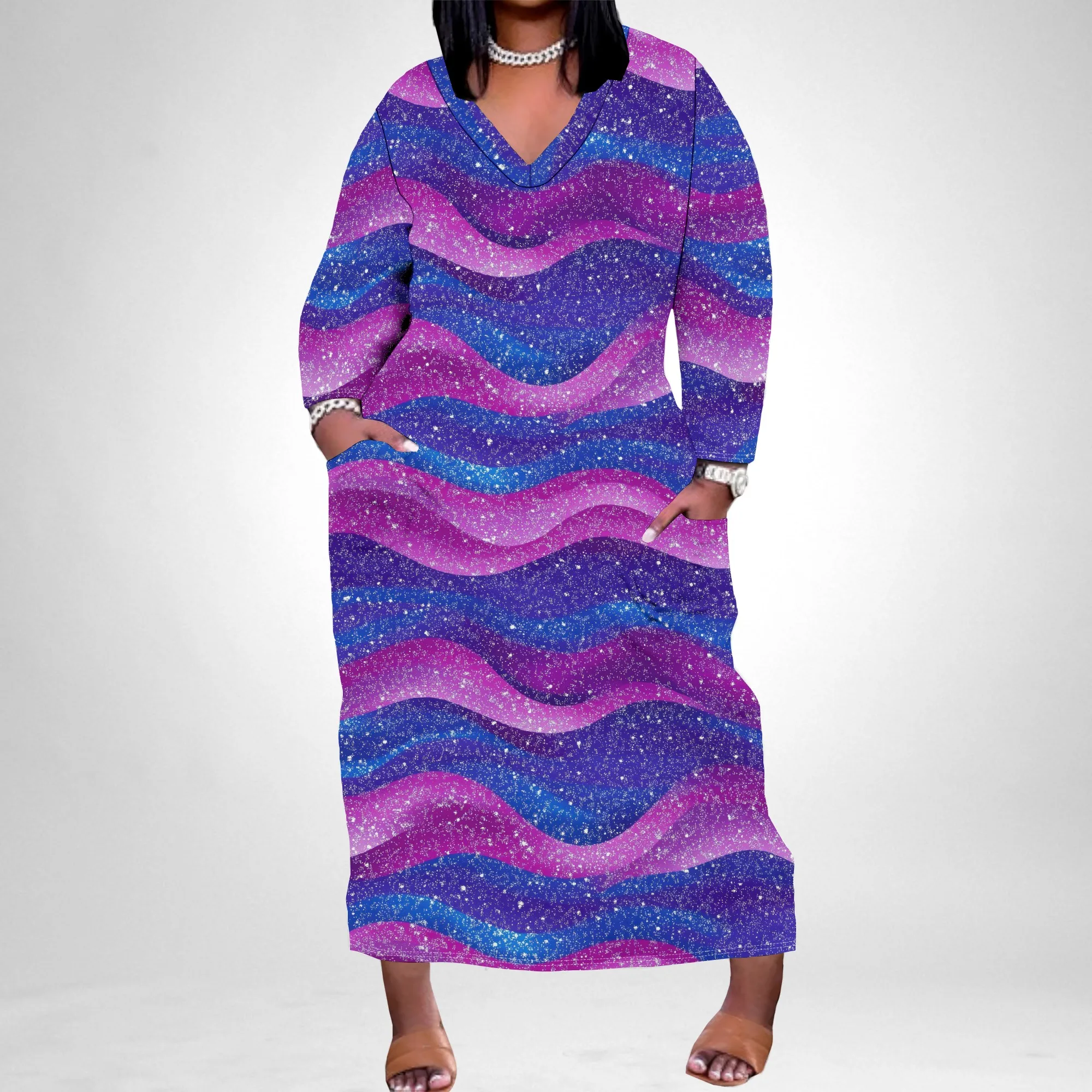 Hot selling European and American black plus size dress with personality and sparkling pattern, long sleeves and pockets Hot selling European and American black plus size dress with personality and sparkling pattern, long sleeves and pockets