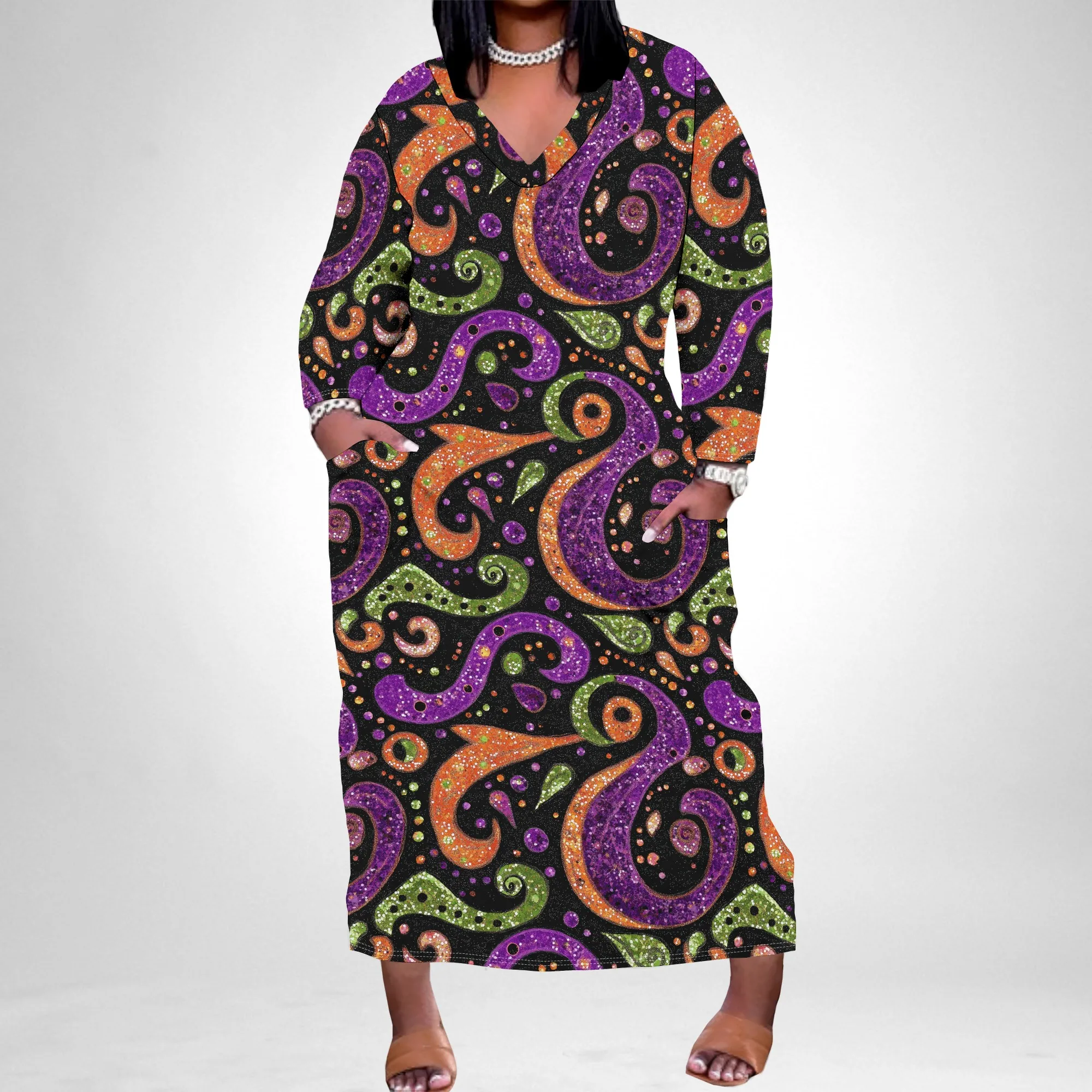 Hot selling European and American black plus size dress with personality and sparkling pattern, long sleeves and pockets Hot selling European and American black plus size dress with personality and sparkling pattern, long sleeves and pockets