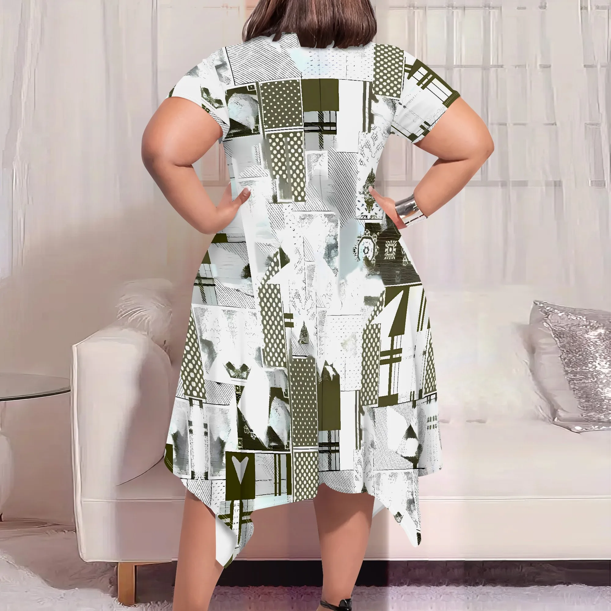 Eclectic Patchwork Abstract Round-Neck Short-Sleeve Dress – Women’s Modern Artsy Casual Party Workwear Summer Eclectic Patchwork Abstract Round-Neck Short-Sleeve Dress - Women's Modern Artsy Casual Party Workwear Summer