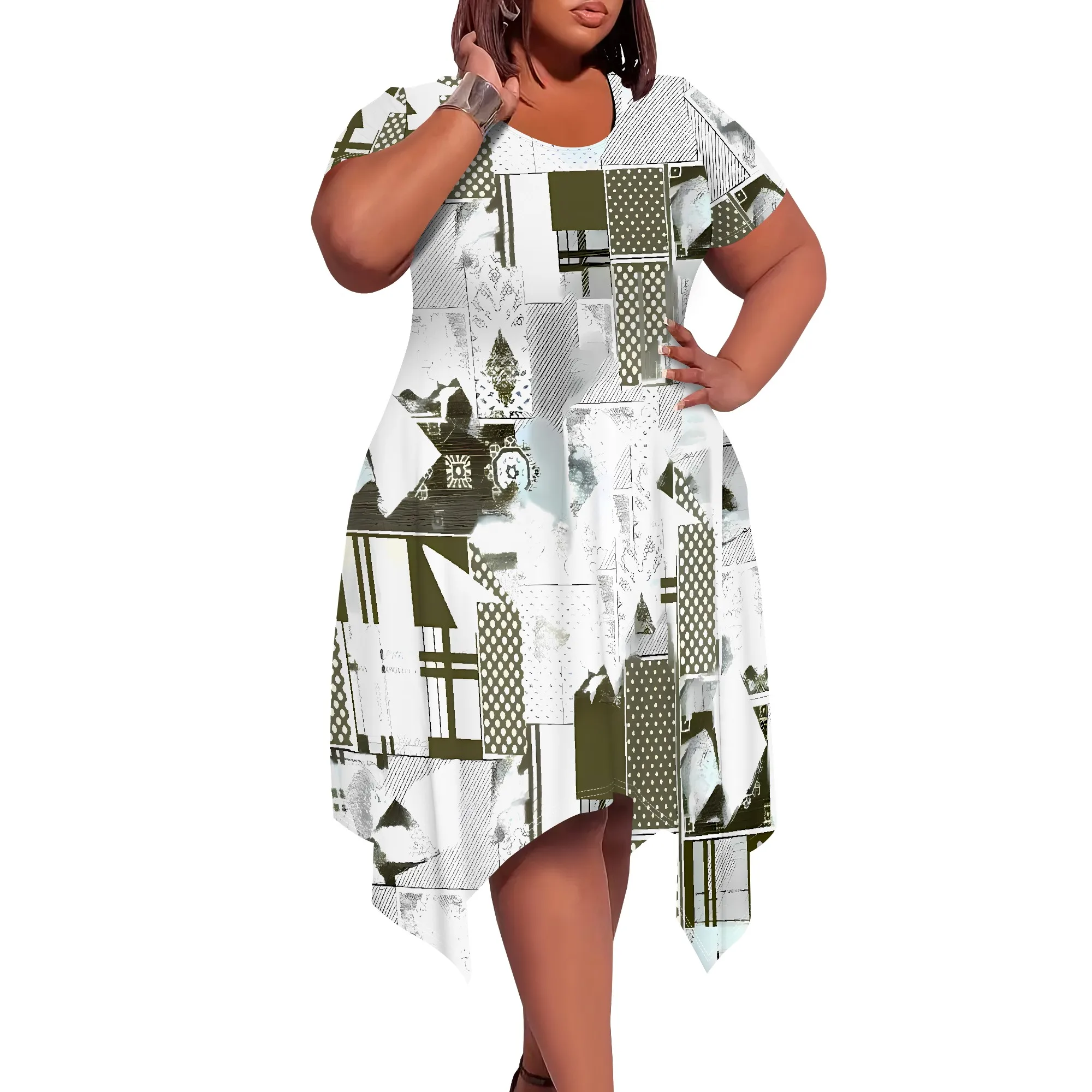 Eclectic Patchwork Abstract Round-Neck Short-Sleeve Dress - Women's Modern Artsy Casual Party Workwear Summer Eclectic Patchwork Abstract Round-Neck Short-Sleeve Dress - Women's Modern Artsy Casual Party Workwear Summer